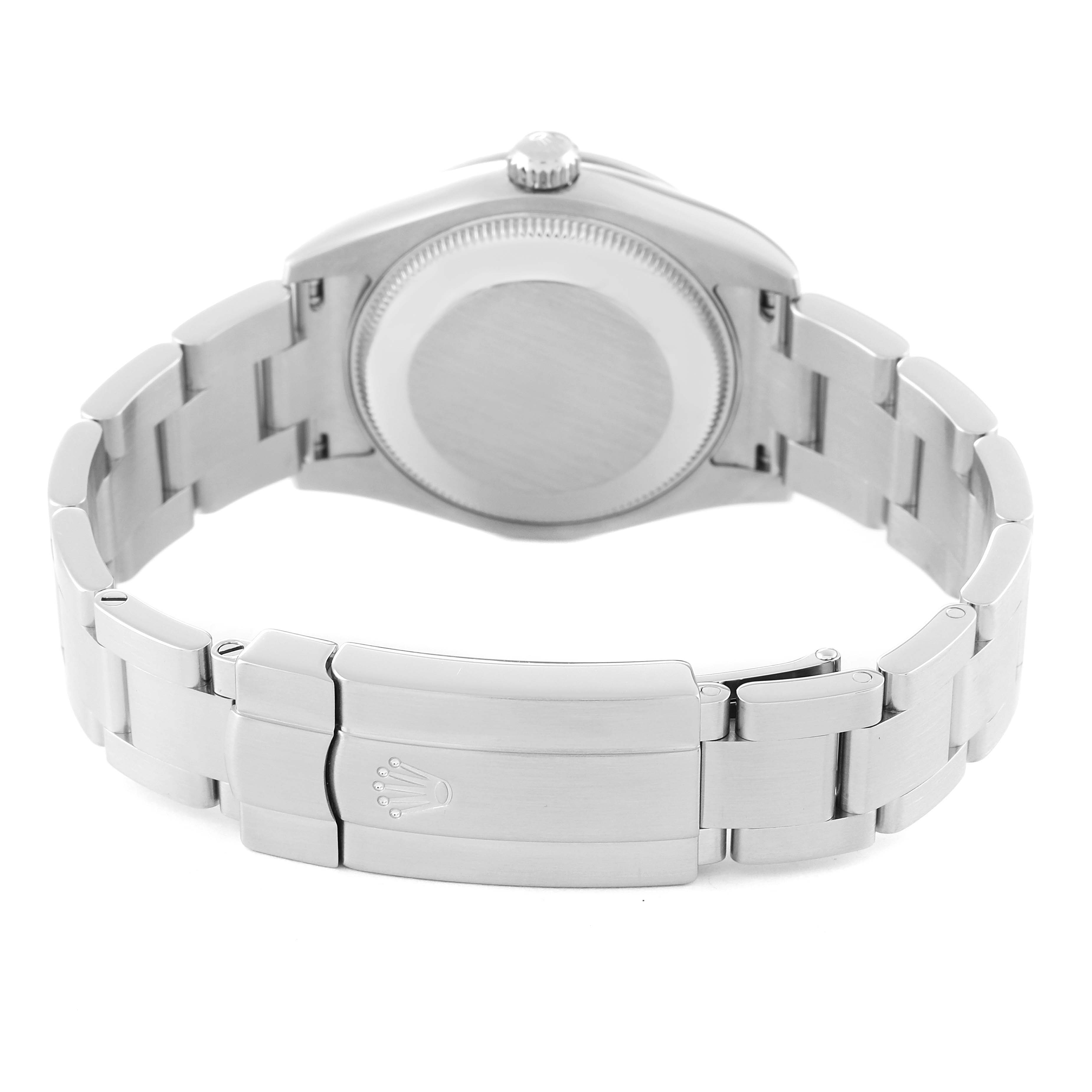 This image shows the back case and bracelet clasp of a Rolex Mid-Size 177200 Women's Stainless Steel White Dial 177200 Women's Stainless Steel White Dial watch.