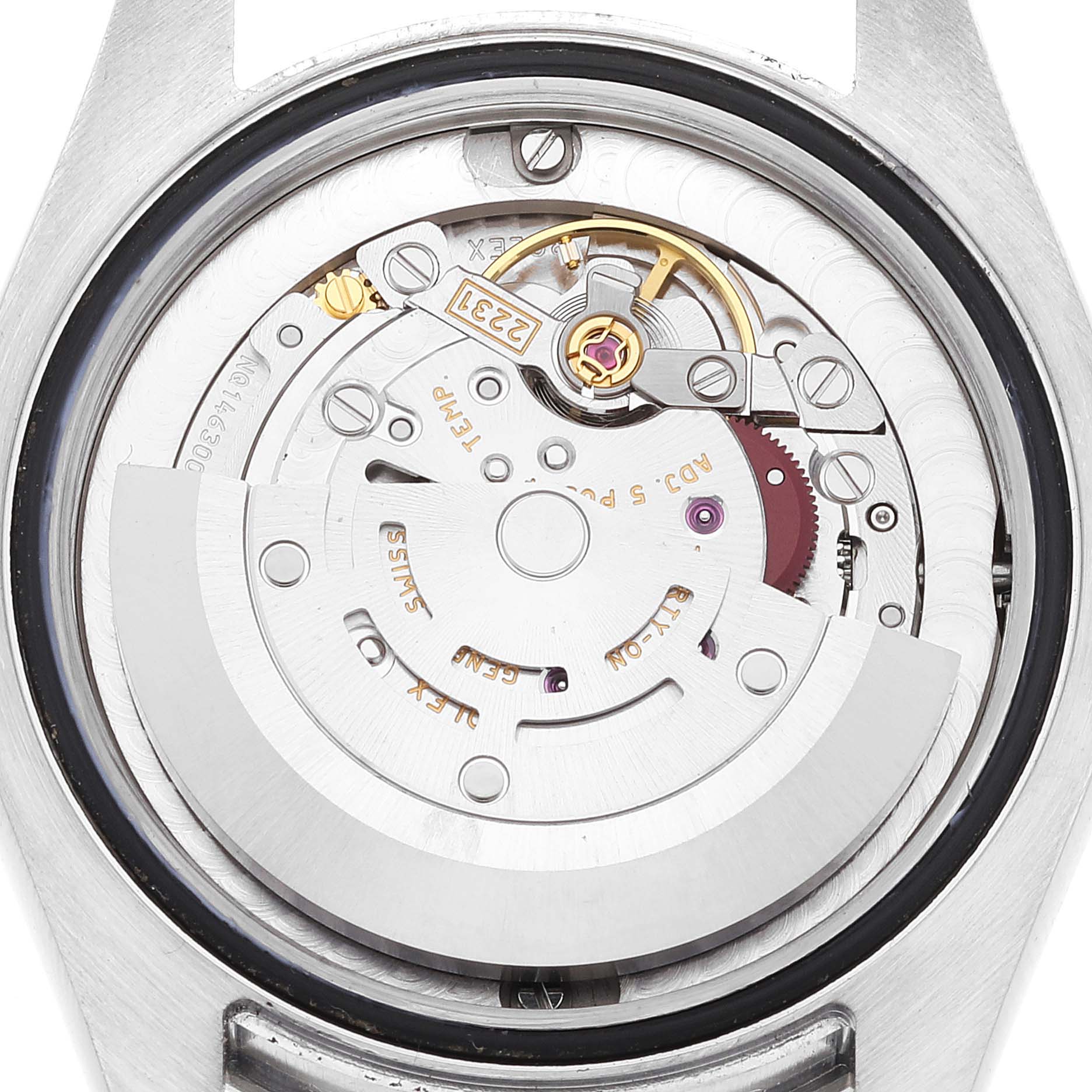 The image shows the movement mechanism of a Rolex Mid-Size 177200 Women's Stainless Steel White Dial 177200 Women's Stainless Steel White Dial watch viewed from the back.