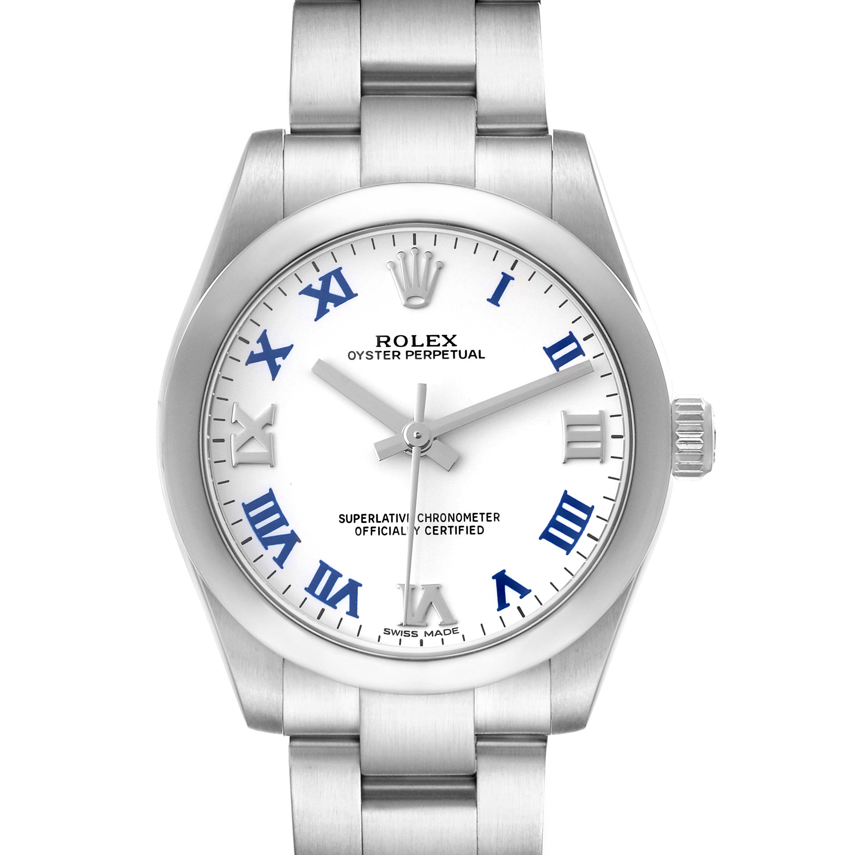 This image shows a front view of the Rolex Oyster Perpetual Mid-Size watch, highlighting its face, bezel, and bracelet.