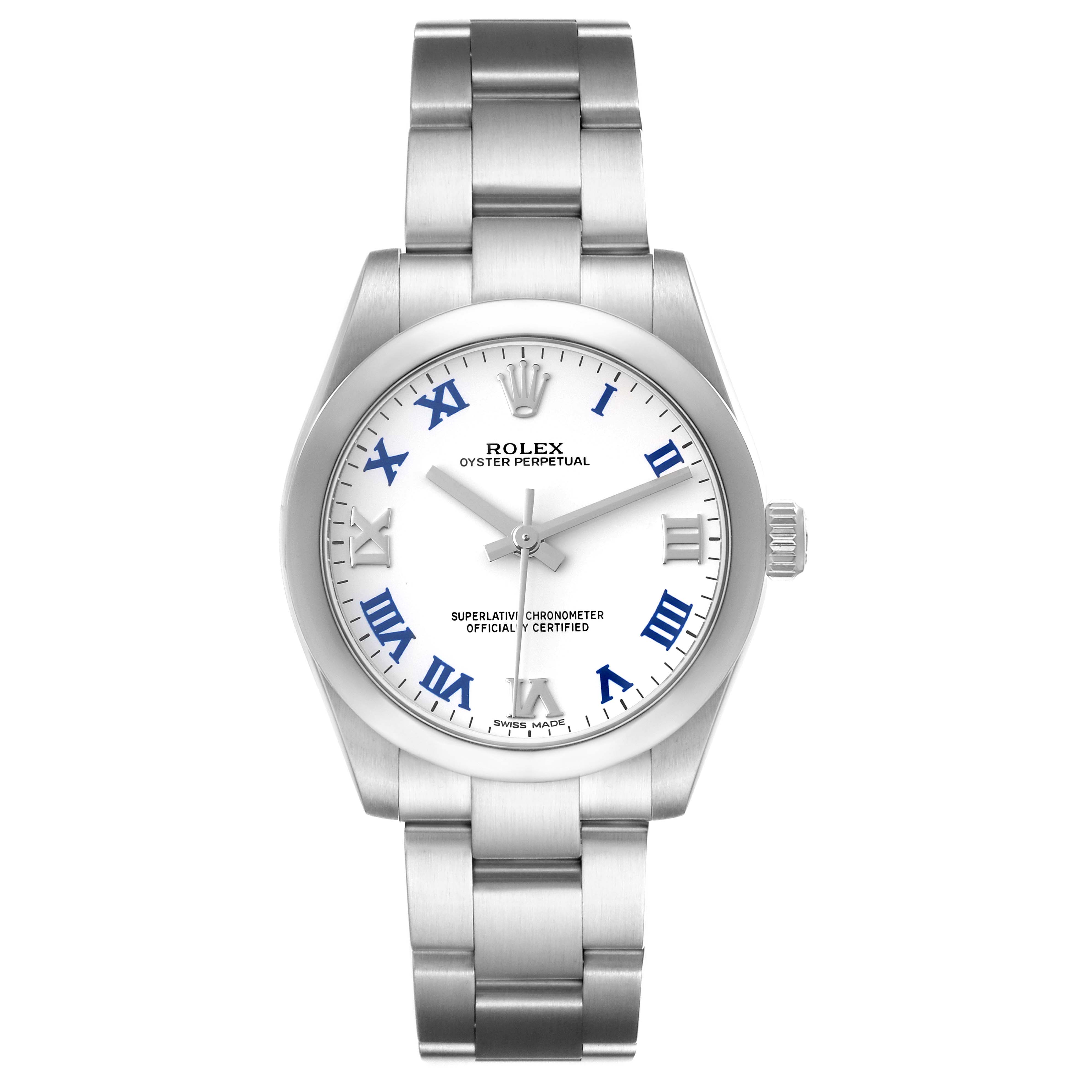 This is a front view of a Rolex Mid-Size 177200 Women's Stainless Steel White Dial 177200 Women's Stainless Steel White Dial Oyster Perpetual watch displaying the watch face, bezel, and bracelet.