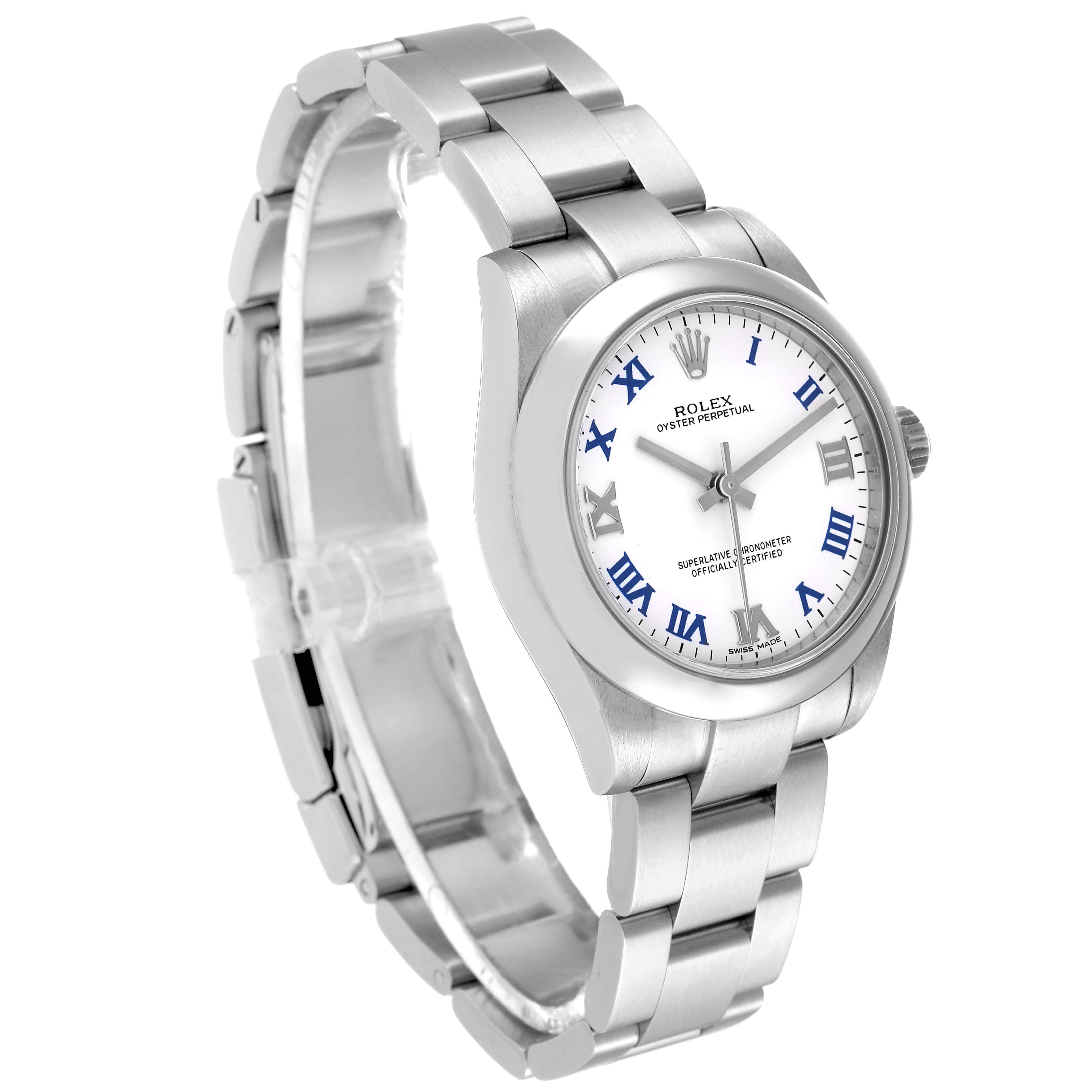 The image shows a three-quarter view of a Rolex Mid-Size 177200 Women's Stainless Steel White Dial 177200 Women's Stainless Steel White Dial Oyster Perpetual watch, displaying its face and metal bracelet.