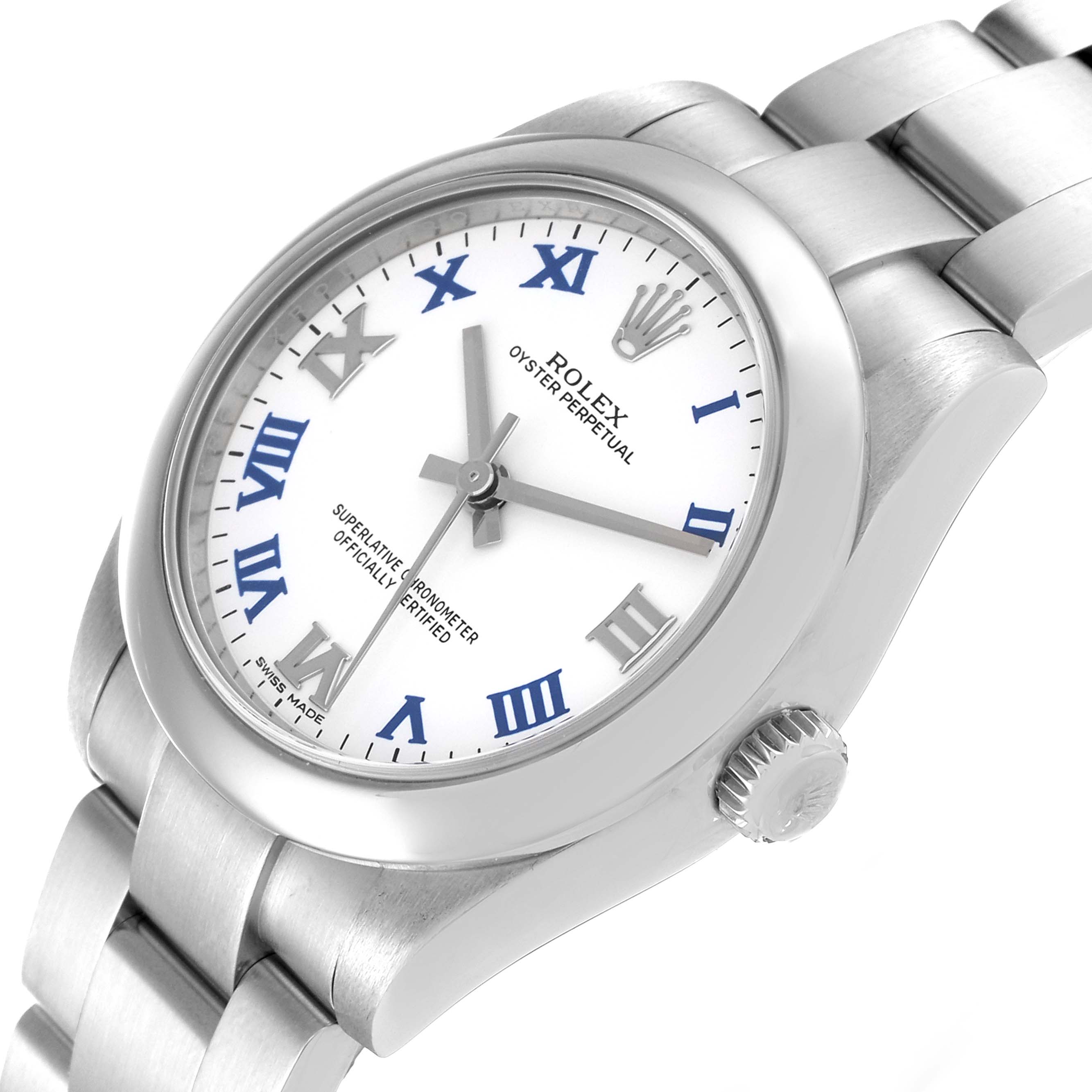 This image shows a close-up of the dial, crown, and part of the bracelet of a mid-size Rolex Oyster Perpetual watch.