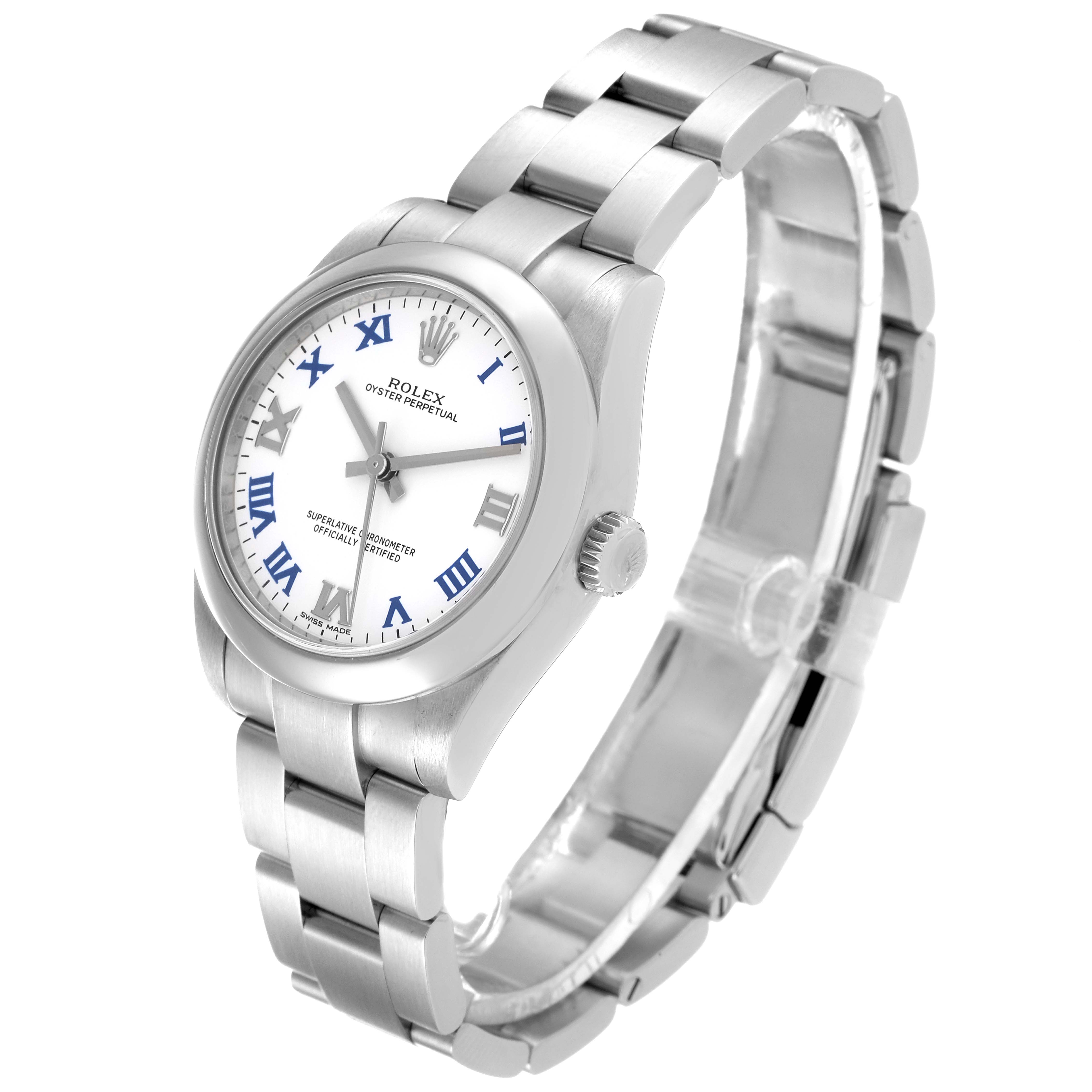 The image shows a Mid-Size Rolex watch at an angle displaying the dial, bezel, bracelet, and crown.