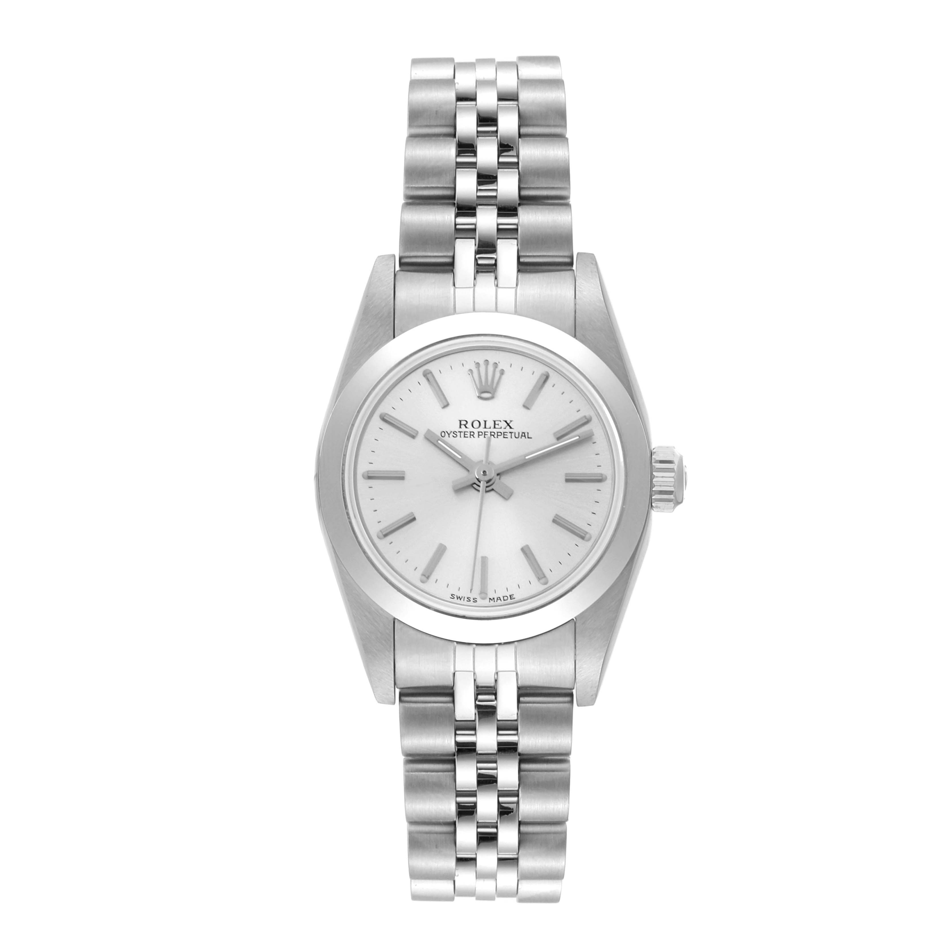 This image shows a front view of a Rolex Oyster Perpetual 76080 Women's Stainless Steel Silver Dial 76080 Women's Stainless Steel Silver Dial watch, showcasing the dial, case, crown, and bracelet.