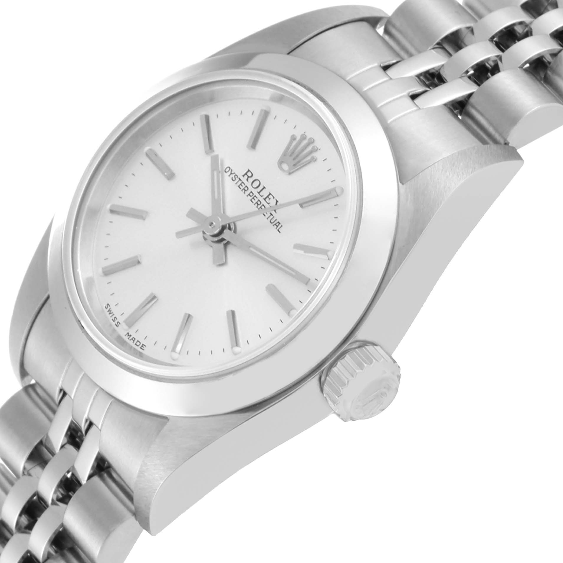 The image shows a close-up of the Rolex Oyster Perpetual 76080 Women's Stainless Steel Silver Dial 76080 Women's Stainless Steel Silver Dial watch from an oblique angle, including its dial, crown, and bracelet links.