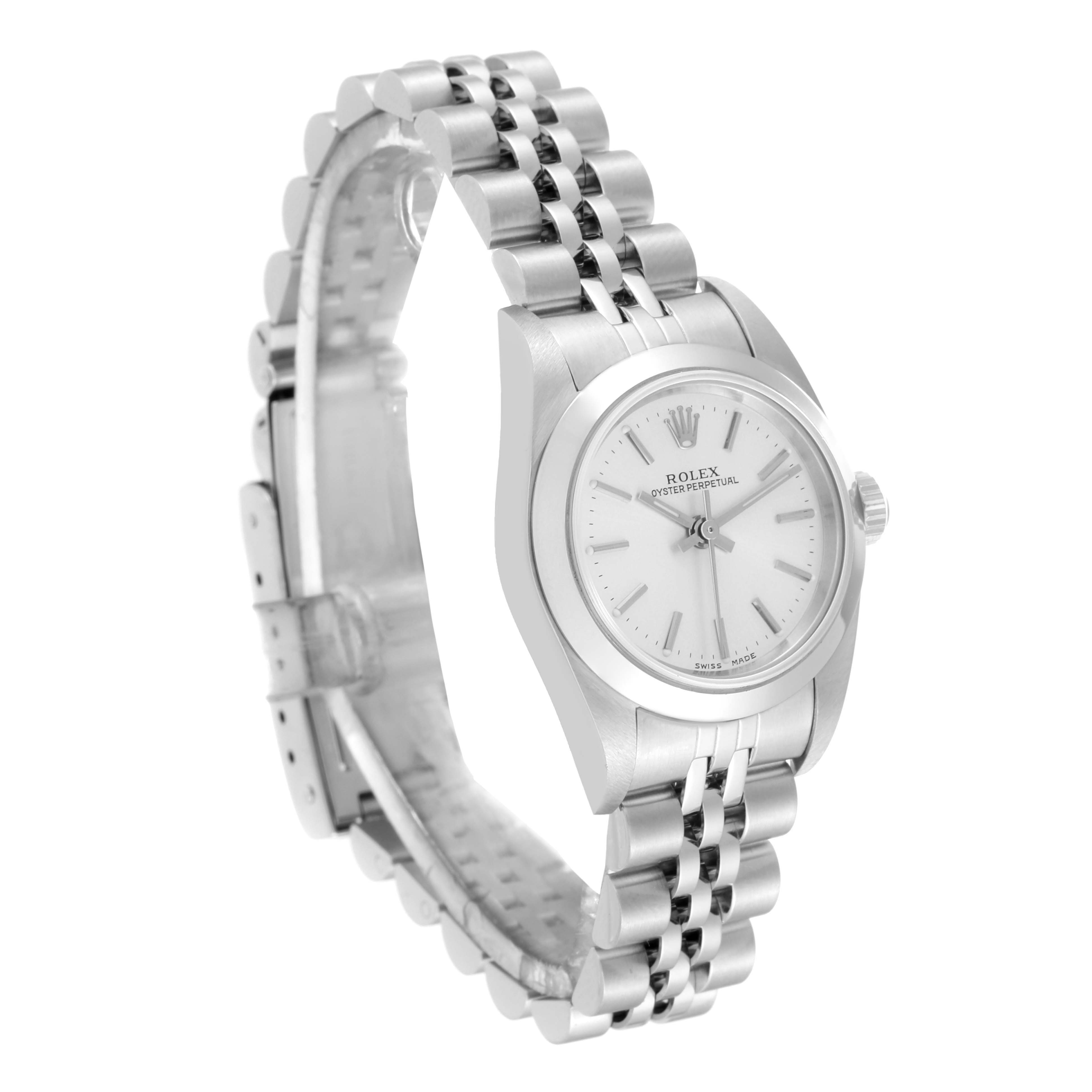 This image shows the Oyster Perpetual model by Rolex at a slight angle, highlighting the face, bezel, and bracelet.