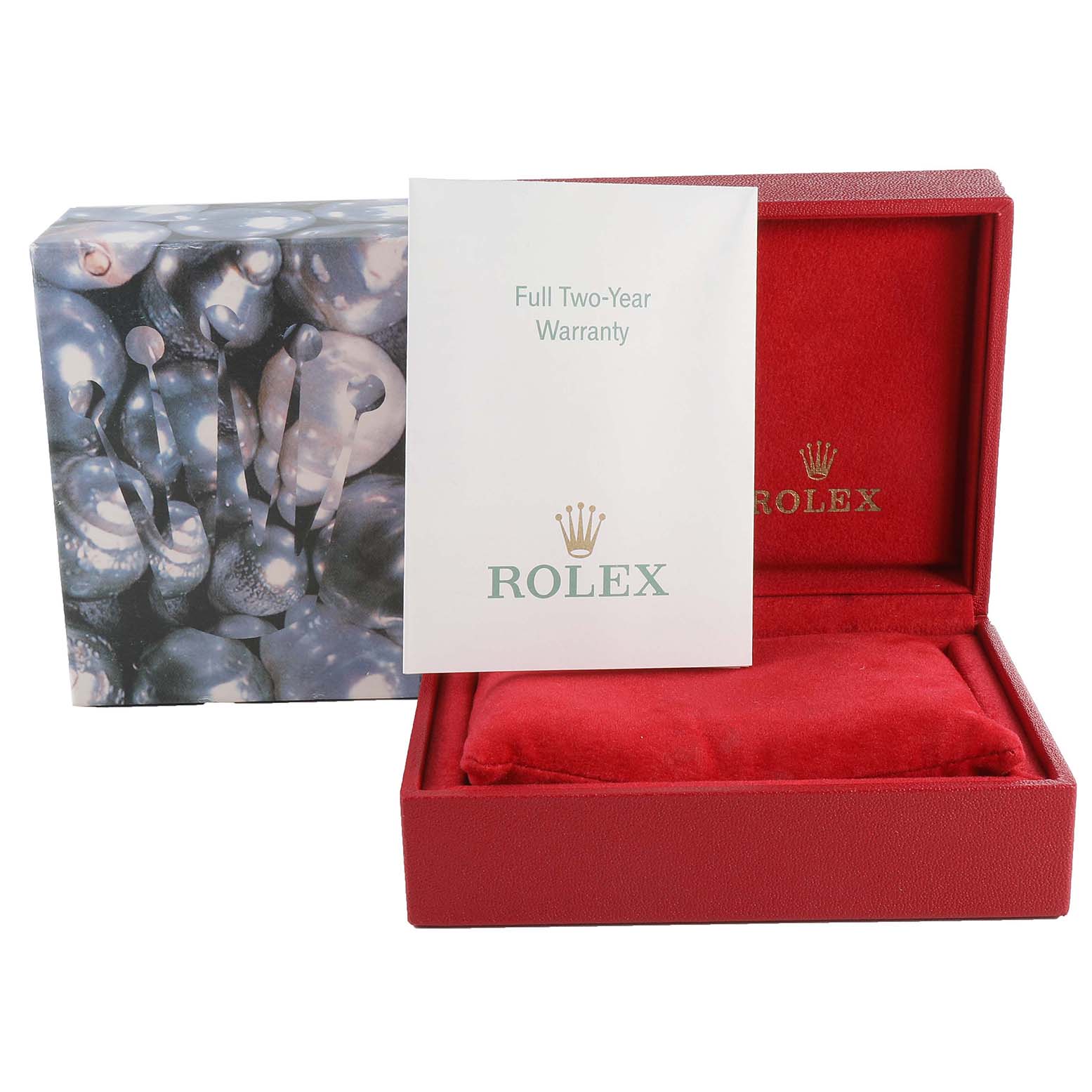 The image shows the packaging, warranty card, and presentation box for a Rolex Oyster Perpetual 76080 Women's Stainless Steel Silver Dial 76080 Women's Stainless Steel Silver Dial watch.