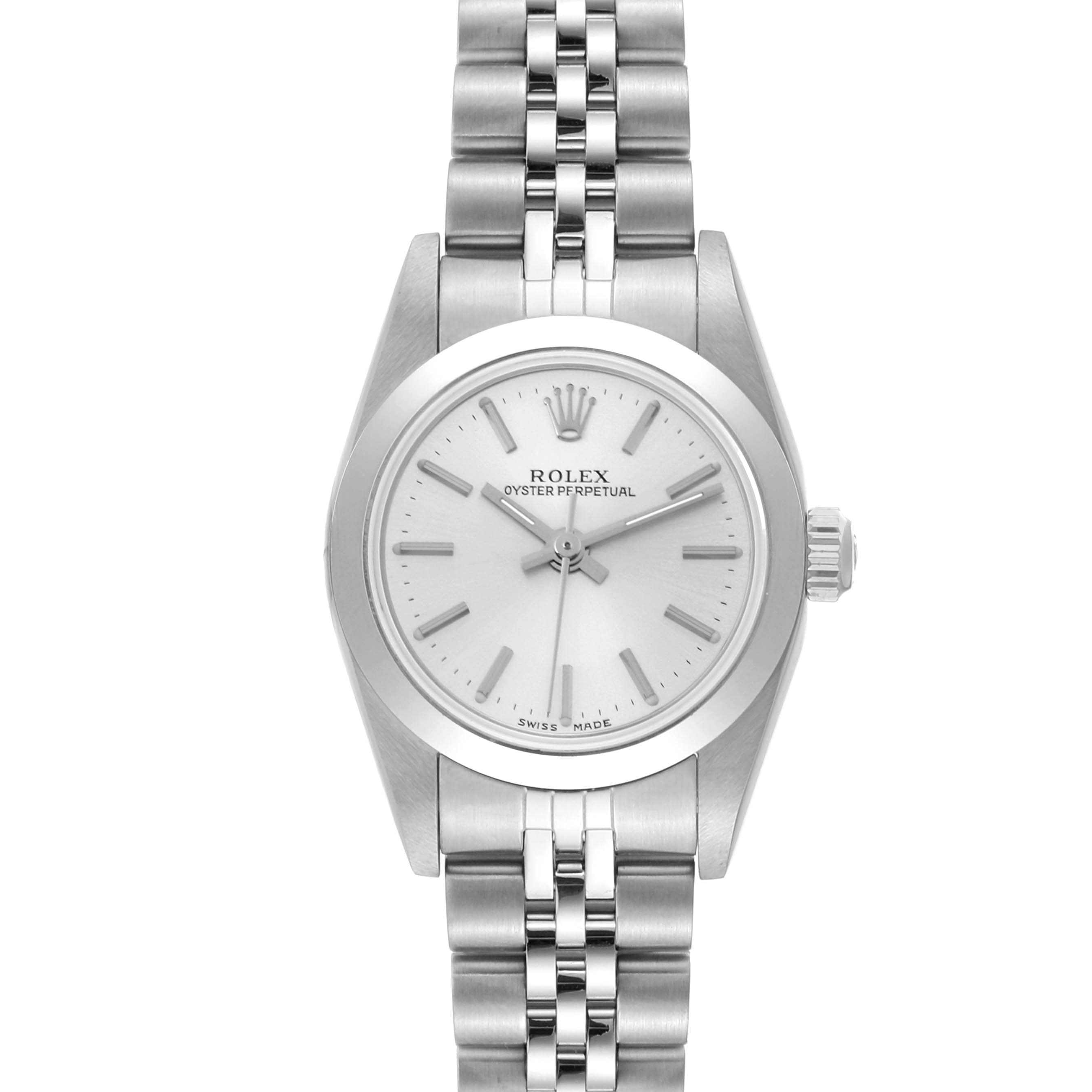 This image shows a front view of the Rolex Oyster Perpetual 76080 Women's Stainless Steel Silver Dial 76080 Women's Stainless Steel Silver Dial watch, highlighting the face, hands, and bracelet.
