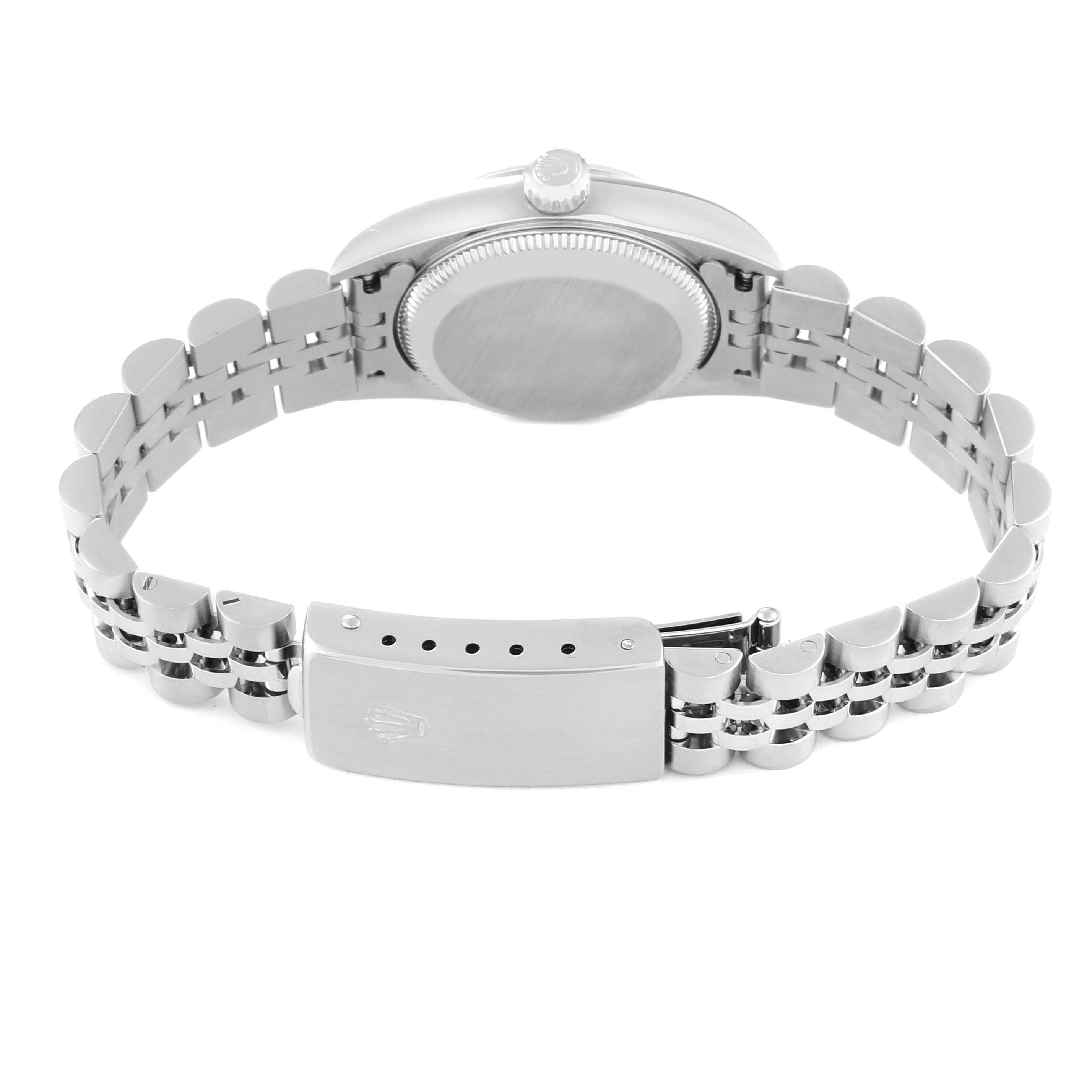 The image shows the back case and bracelet of a Rolex Oyster Perpetual 76080 Women's Stainless Steel Silver Dial 76080 Women's Stainless Steel Silver Dial watch from a rear angle.