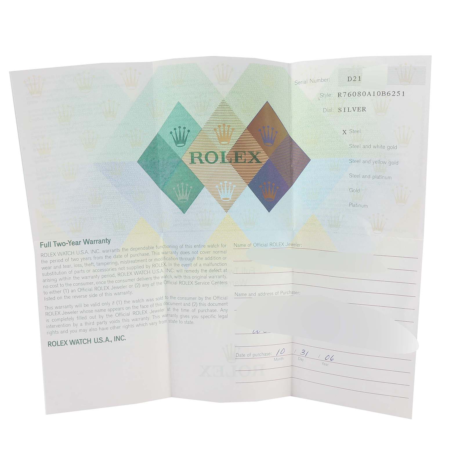 This image shows the warranty card for the Rolex Oyster Perpetual 76080 Women's Stainless Steel Silver Dial 76080 Women's Stainless Steel Silver Dial, detailing serial number, style, and purchase information.