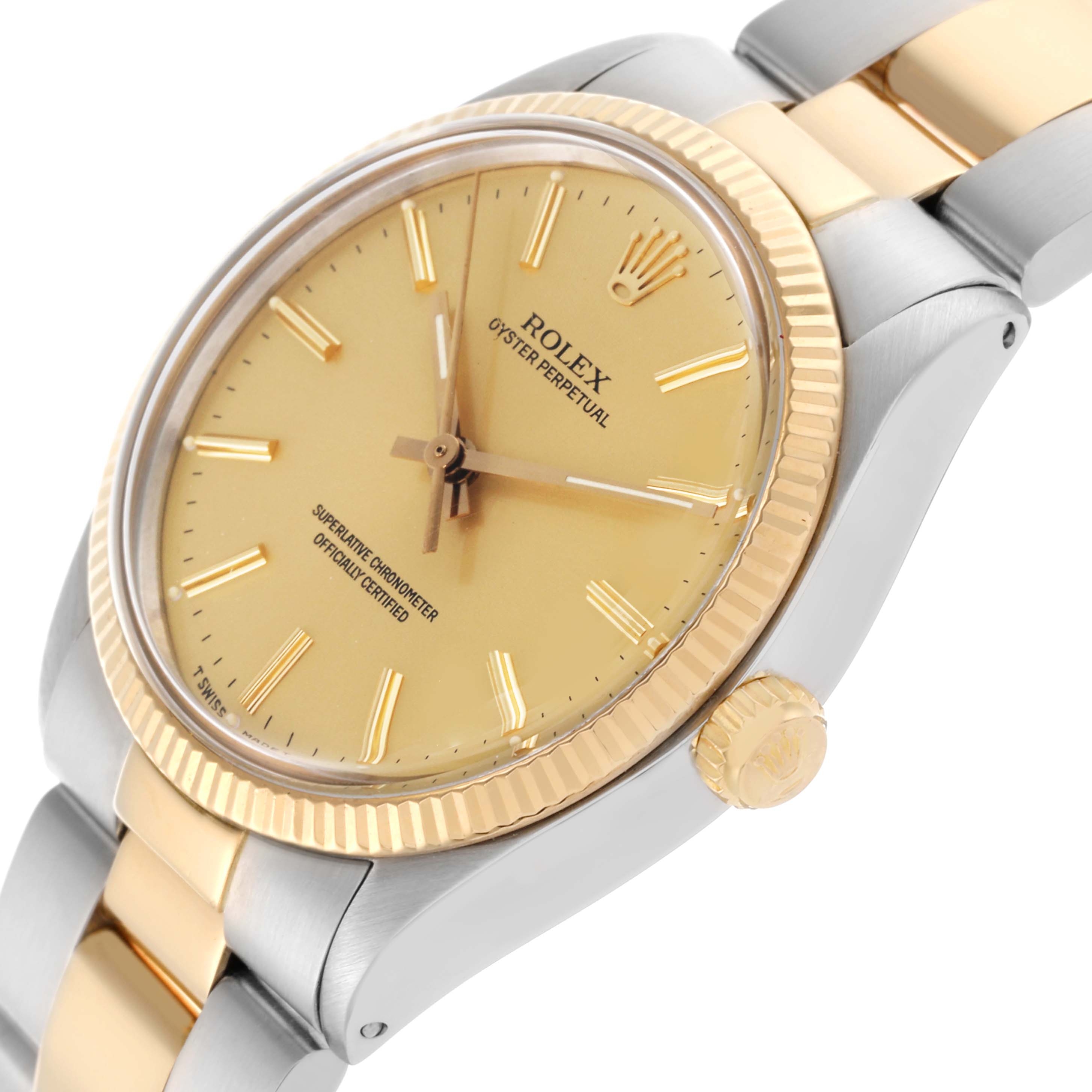The Rolex Vintage Collection 1005 Men's Steel and Gold (two tone) Champagne Dial 1005 Men's Steel and Gold (two tone) Champagne Dial watch is shown at an angled close-up, featuring the face, bezel, crown, and part of the bracelet.