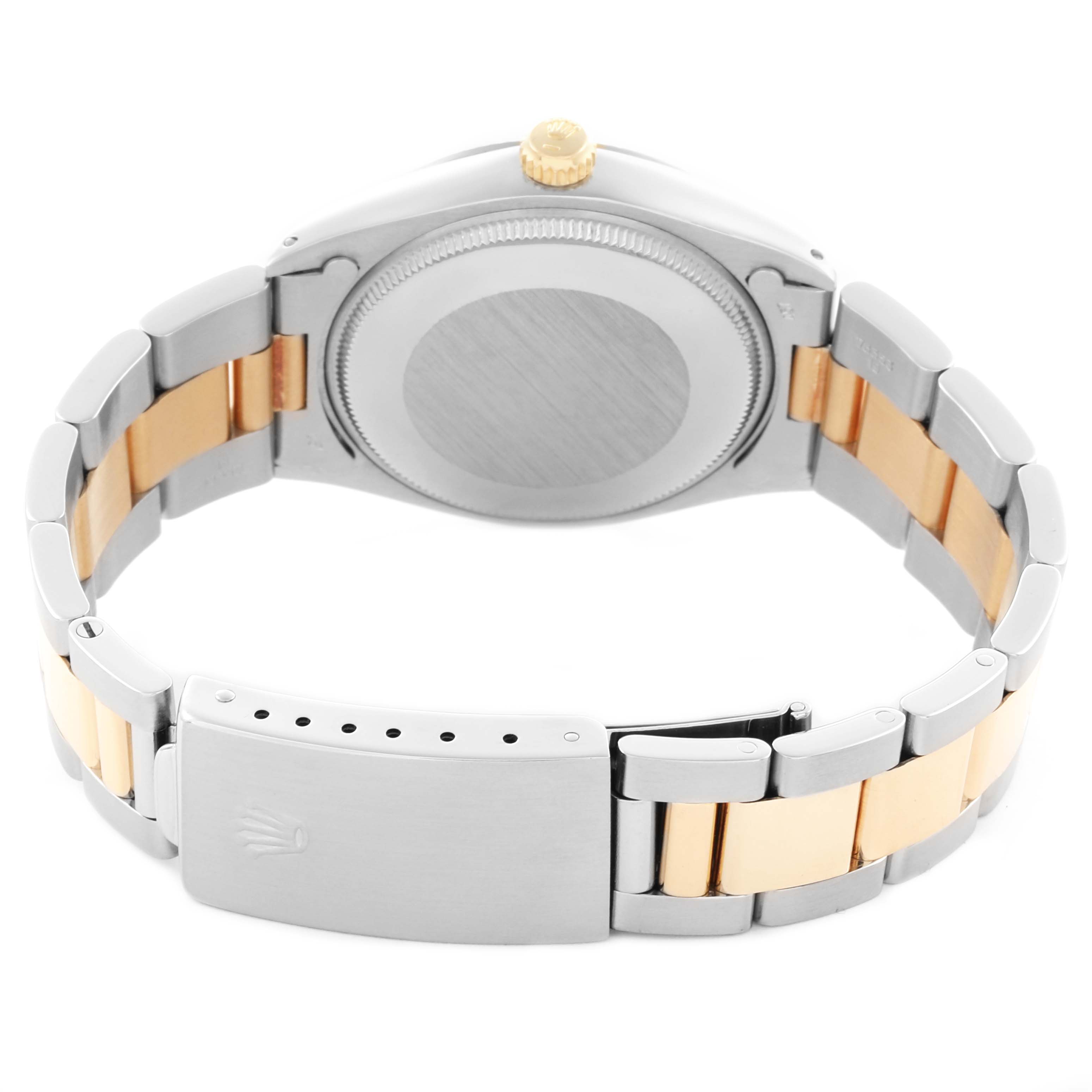 The image shows the back view of a Rolex Vintage Collection 1005 Men's Steel and Gold (two tone) Champagne Dial 1005 Men's Steel and Gold (two tone) Champagne Dial watch, highlighting its two-tone bracelet and clasp.
