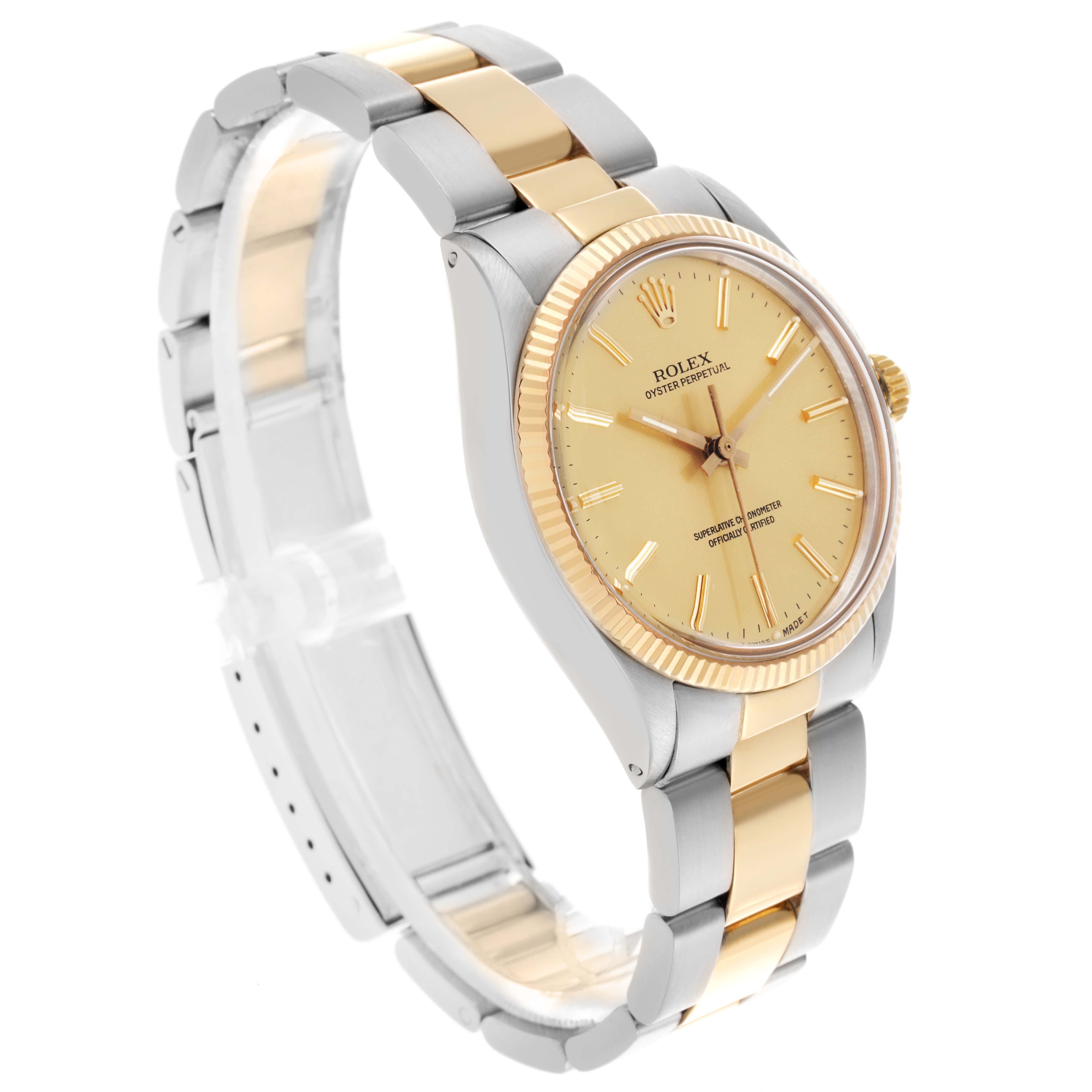 The Rolex Vintage Collection 1005 Men's Steel and Gold (two tone) Champagne Dial 1005 Men's Steel and Gold (two tone) Champagne Dial watch is shown at a three-quarter angle, highlighting the bezel, dial, hands, and bracelet.