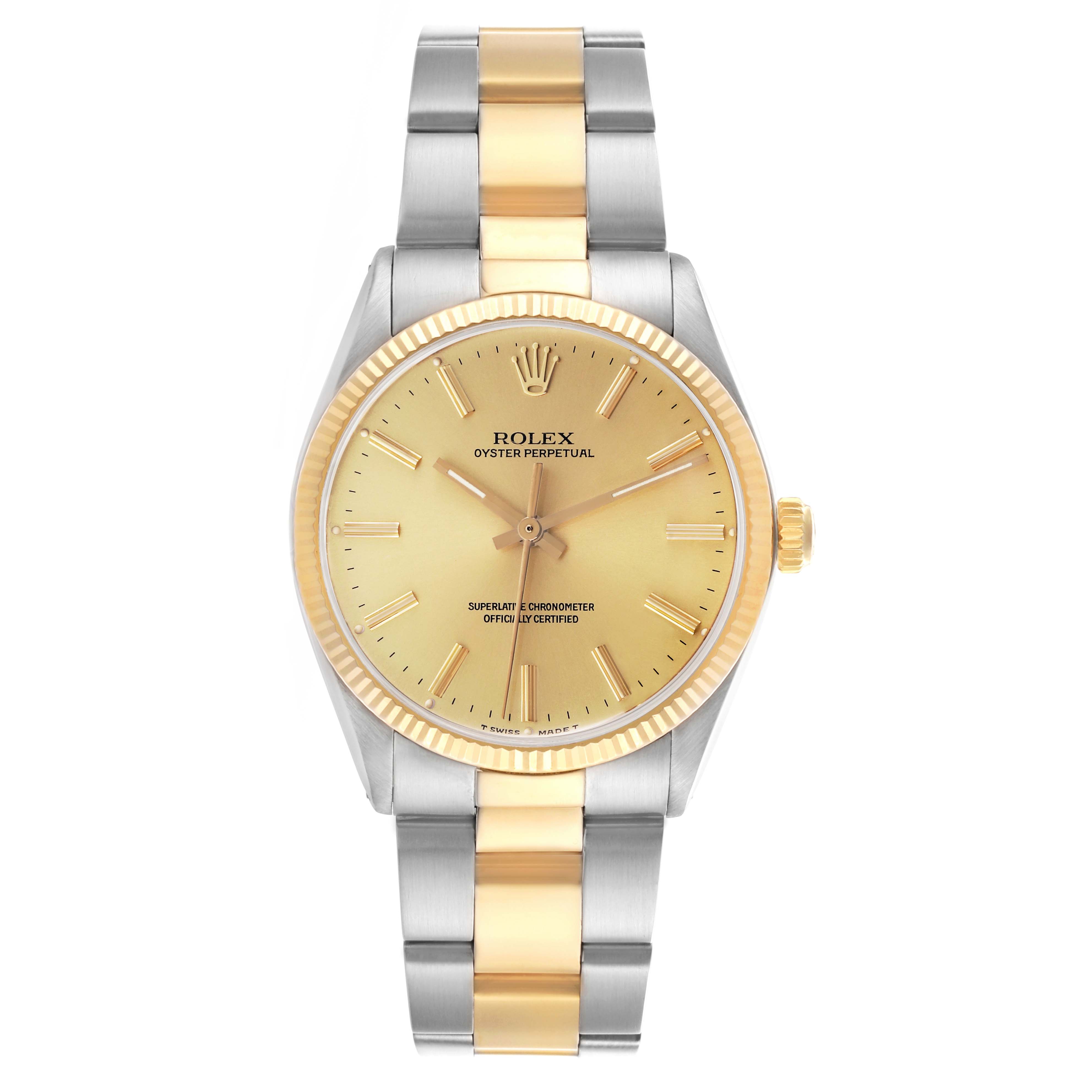 The Rolex Vintage Collection 1005 Men's Steel and Gold (two tone) Champagne Dial 1005 Men's Steel and Gold (two tone) Champagne Dial watch is shown from a top view, highlighting its gold dial, two-tone bracelet, and fluted bezel.