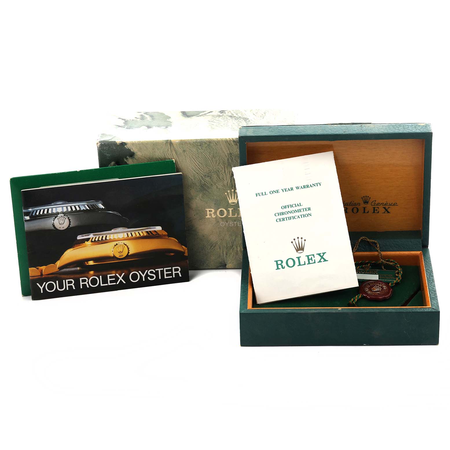 The image shows the packaging and accessories for the Rolex Vintage Collection 1005 Men's Steel and Gold (two tone) Champagne Dial 1005 Men's Steel and Gold (two tone) Champagne Dial, including the box, manuals, and certification.