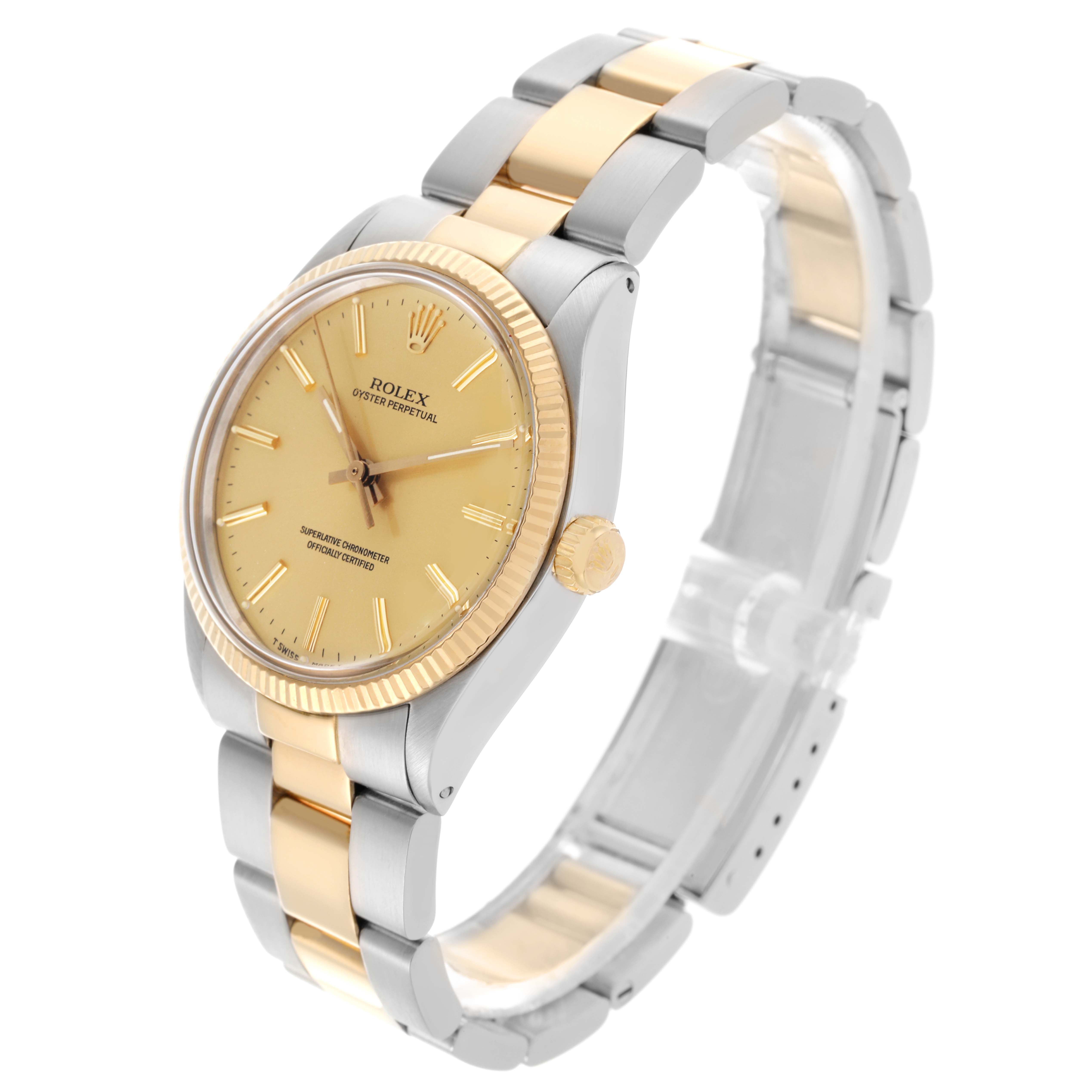 The Rolex Vintage Collection 1005 Men's Steel and Gold (two tone) Champagne Dial 1005 Men's Steel and Gold (two tone) Champagne Dial watch is shown at a side angle, displaying its gold bezel, dial, and two-tone bracelet.