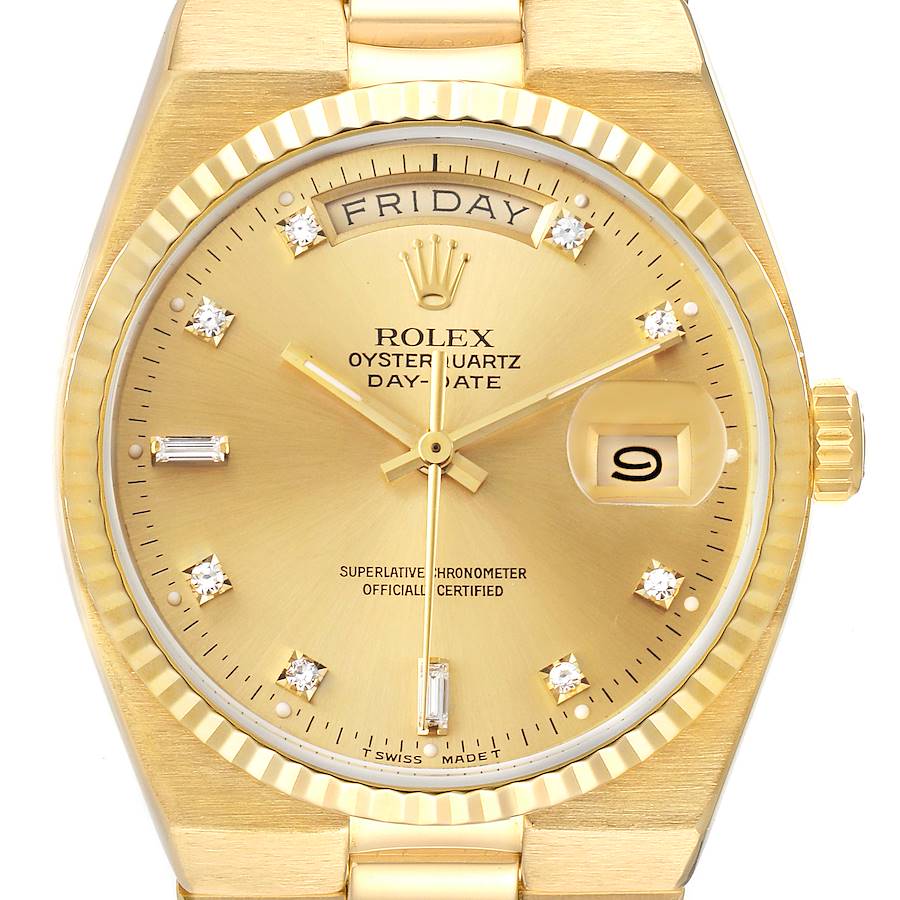 NOT FOR SALE Rolex Oysterquartz President Day-Date Yellow Gold Diamond Watch 19018 Box Papers ADD TWO LINKS SwissWatchExpo