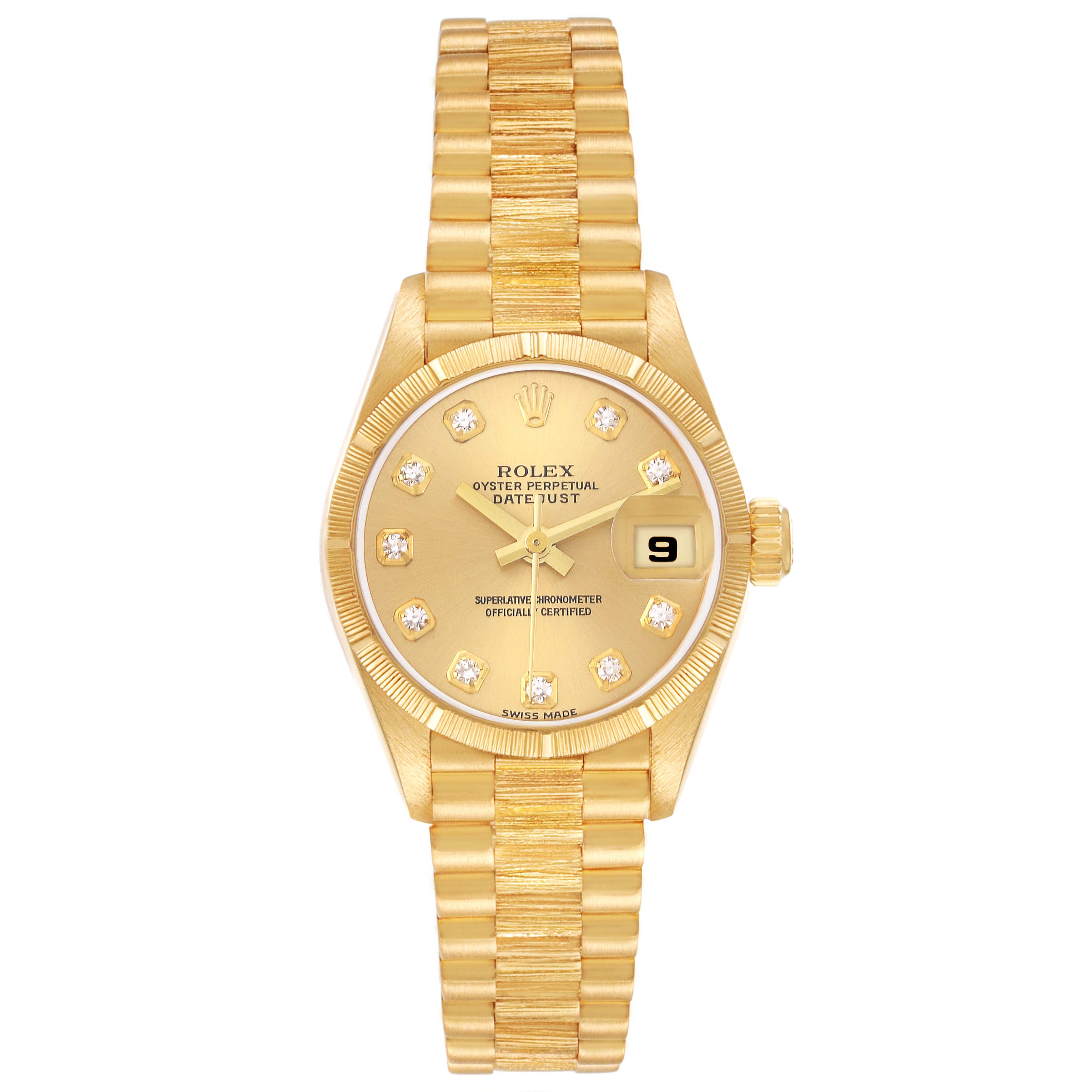 The Rolex President 79278 Women's Yellow Gold Champagne Dial 79278 Women's Yellow Gold Champagne Dial watch model is shown from the front, displaying the face, bracelet, and date window.