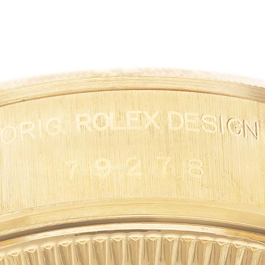 The image shows a close-up of the model and design number on the side of a Rolex President 79278 Women's Yellow Gold Champagne Dial 79278 Women's Yellow Gold Champagne Dial watch.