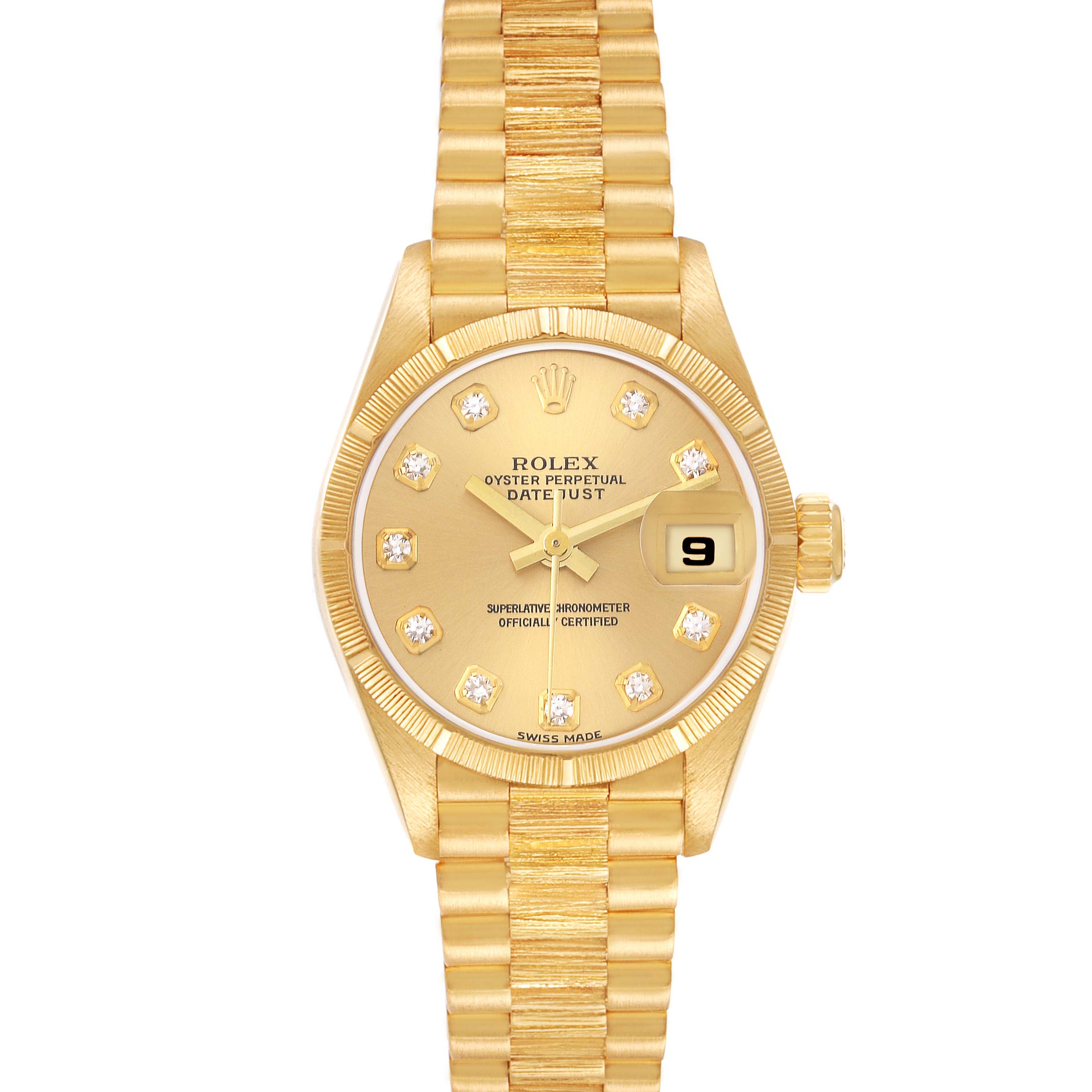 This image shows a frontal view of a gold Rolex President 79278 Women's Yellow Gold Champagne Dial 79278 Women's Yellow Gold Champagne Dial model watch, highlighting its dial, date display, and bracelet.