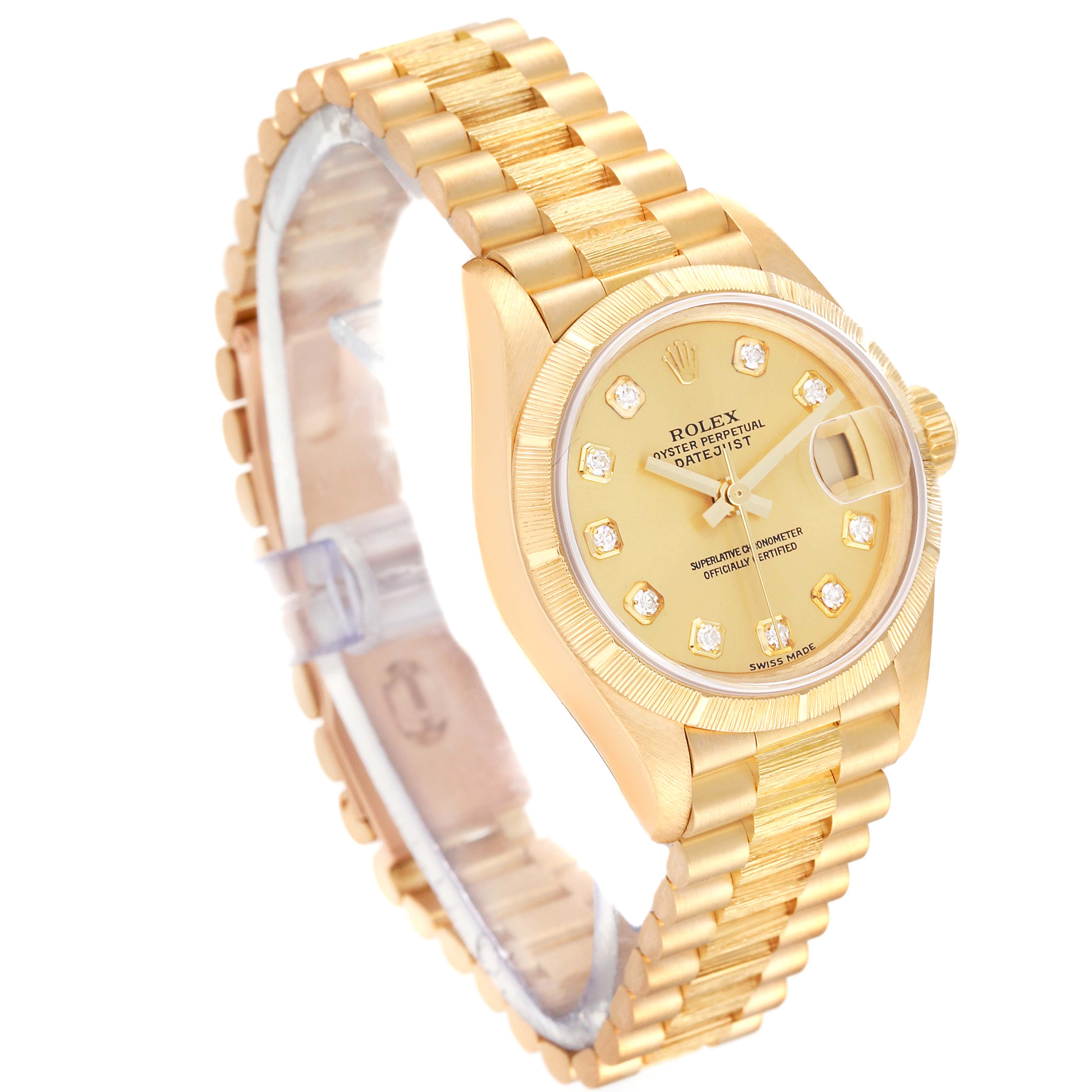 The Rolex President 79278 Women's Yellow Gold Champagne Dial 79278 Women's Yellow Gold Champagne Dial watch is shown at a three-quarter angle highlighting its face, bezel, and bracelet.