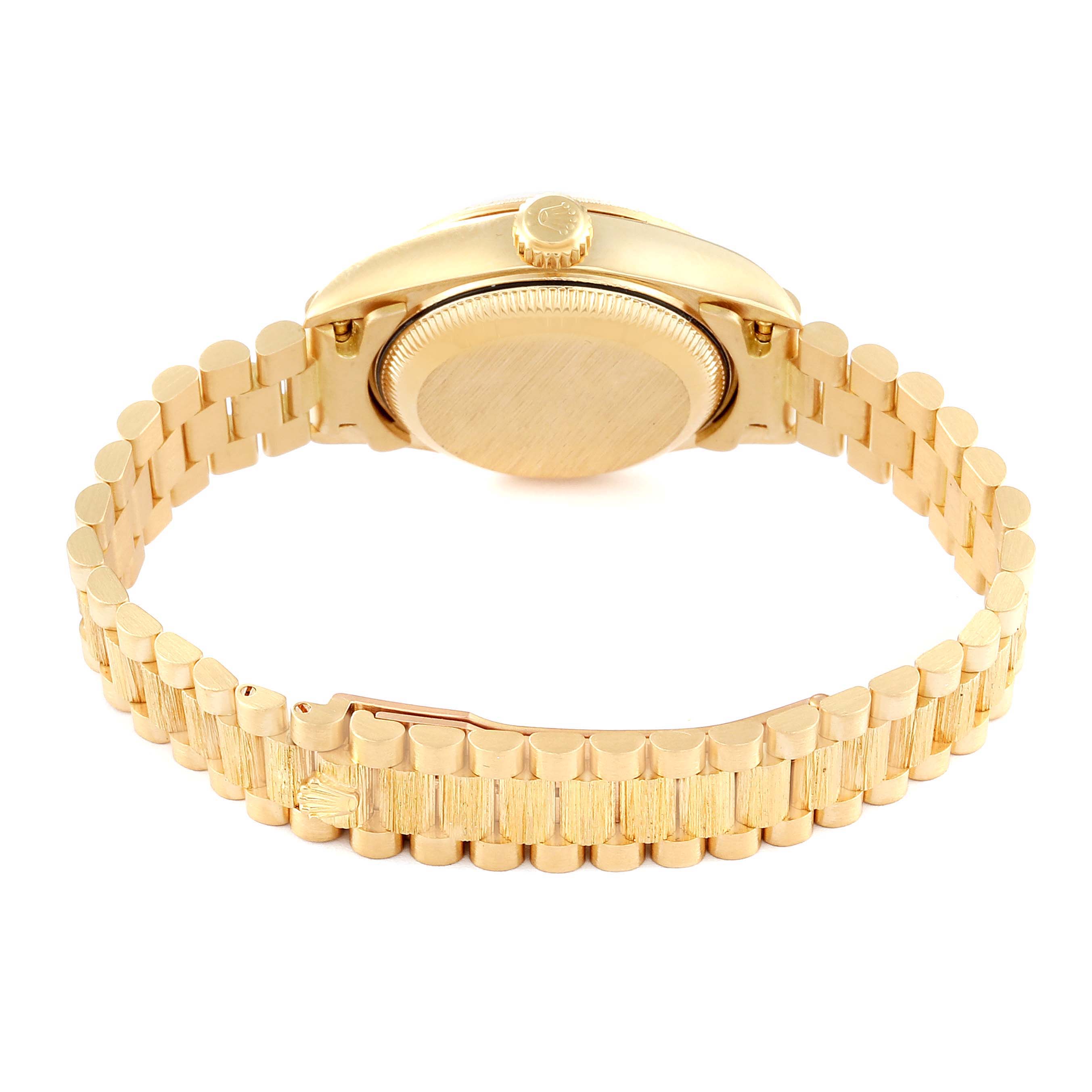 The image shows the back view of a Rolex President 79278 Women's Yellow Gold Champagne Dial 79278 Women's Yellow Gold Champagne Dial model watch, highlighting its gold case, crown, and bracelet.