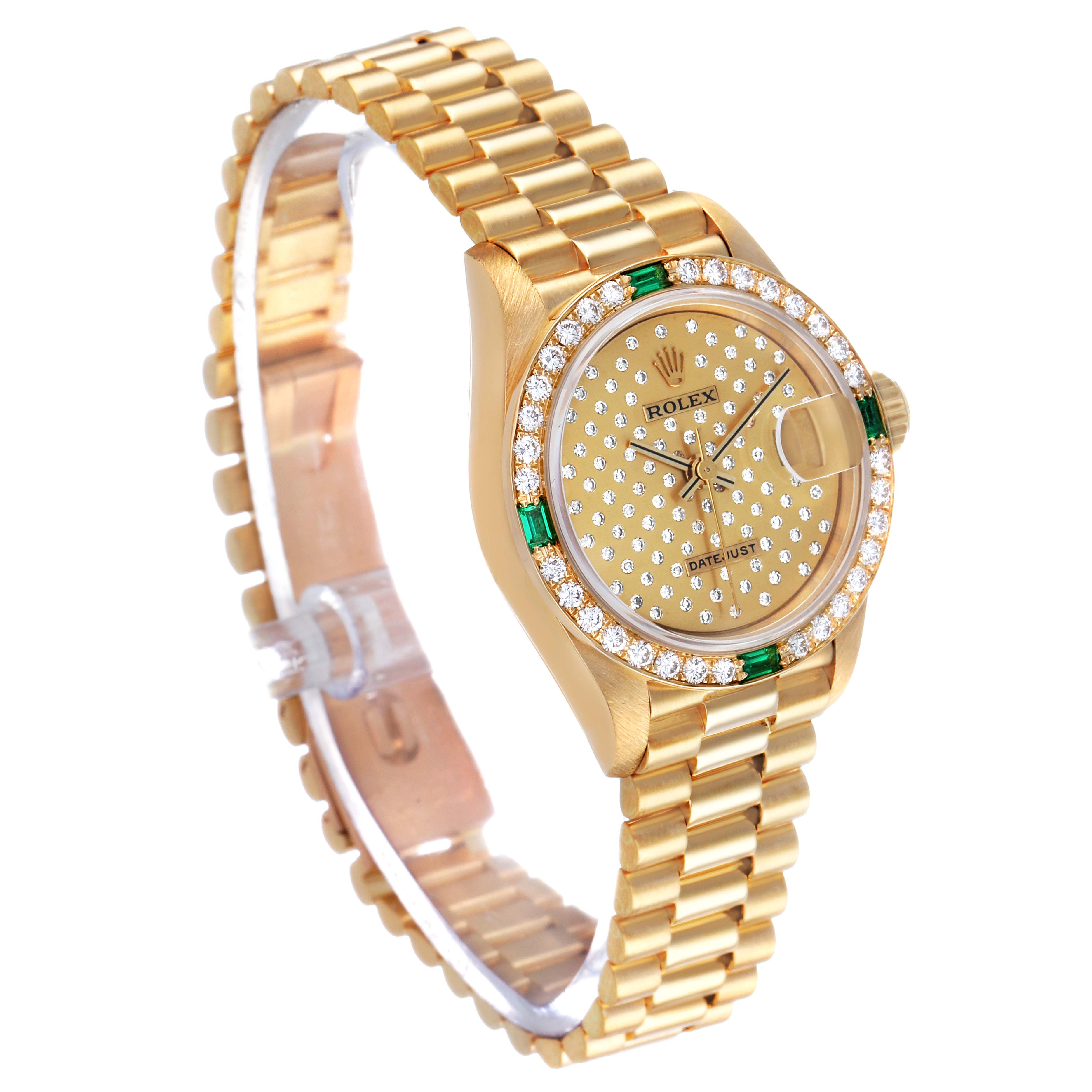 The Rolex President 69078 Women's Yellow Gold Champagne Dial model is shown at a 3/4 angle, highlighting the gold bracelet, diamond-studded bezel, and face.
