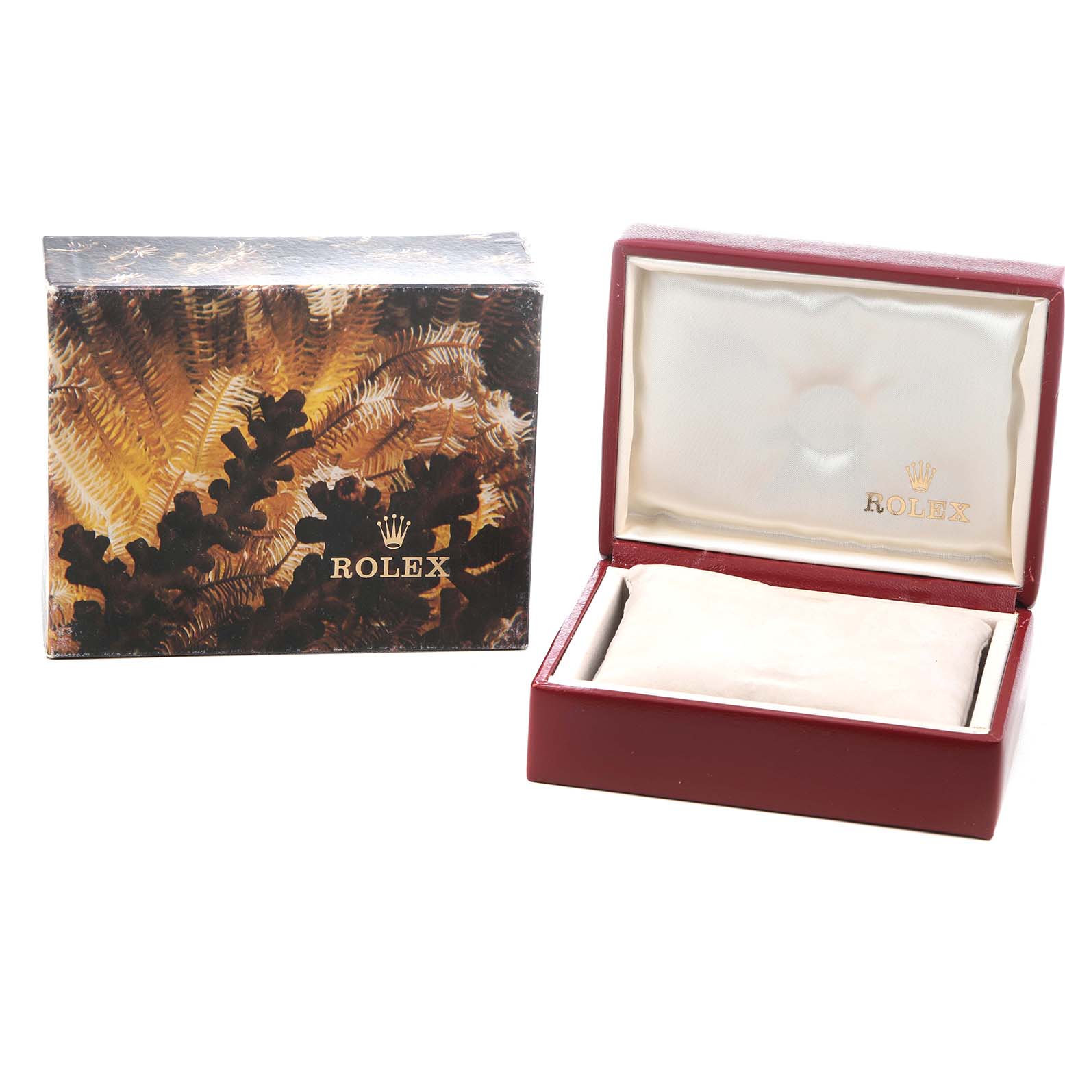 The image shows a Rolex President 69078 Women's Yellow Gold Champagne Dial model watch box, featuring an outer decorative box and an open red inner box with a padded interior.