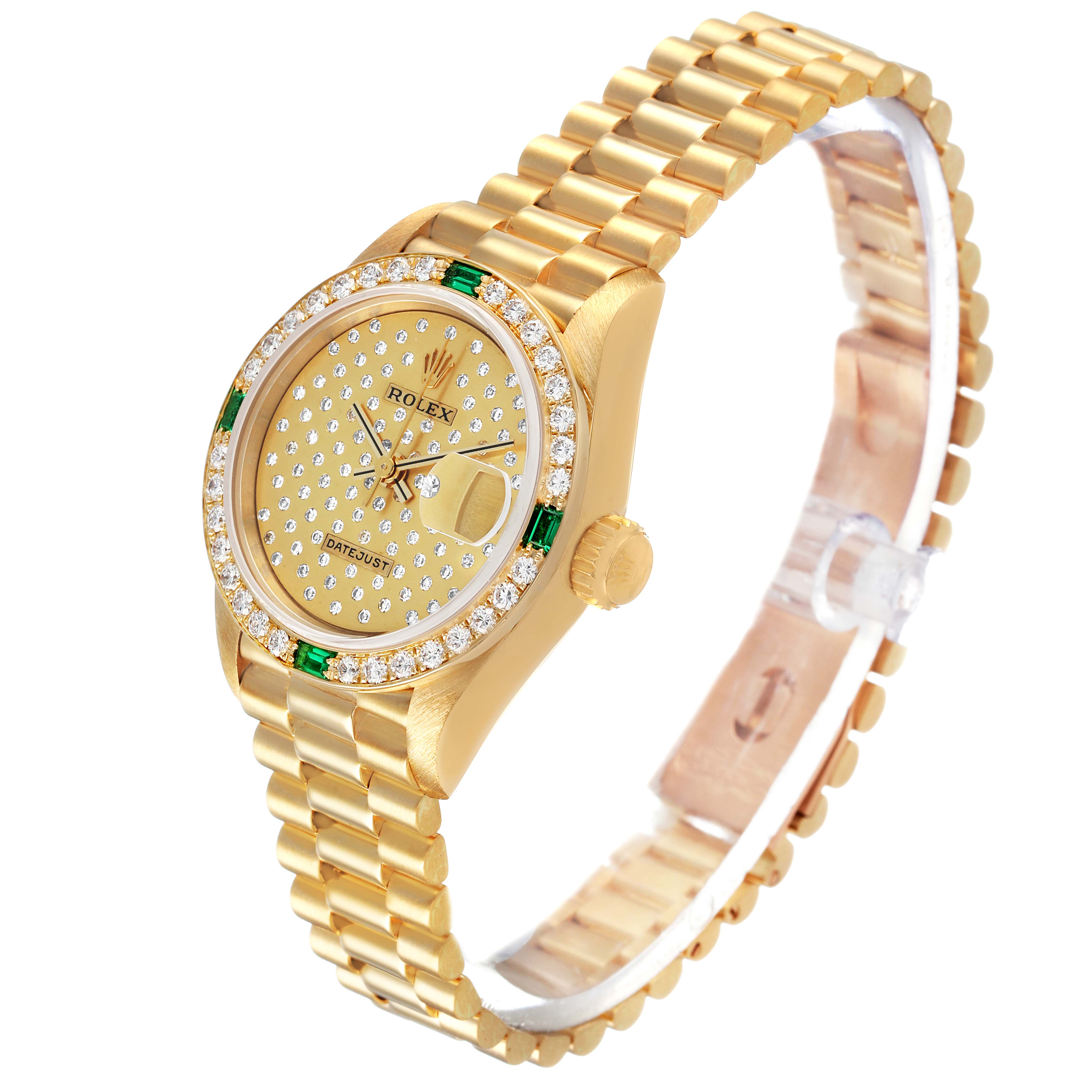 The Rolex President 69078 Women's Yellow Gold Champagne Dial watch is shown at a three-quarter angle, highlighting the bracelet, bezel, and crown.