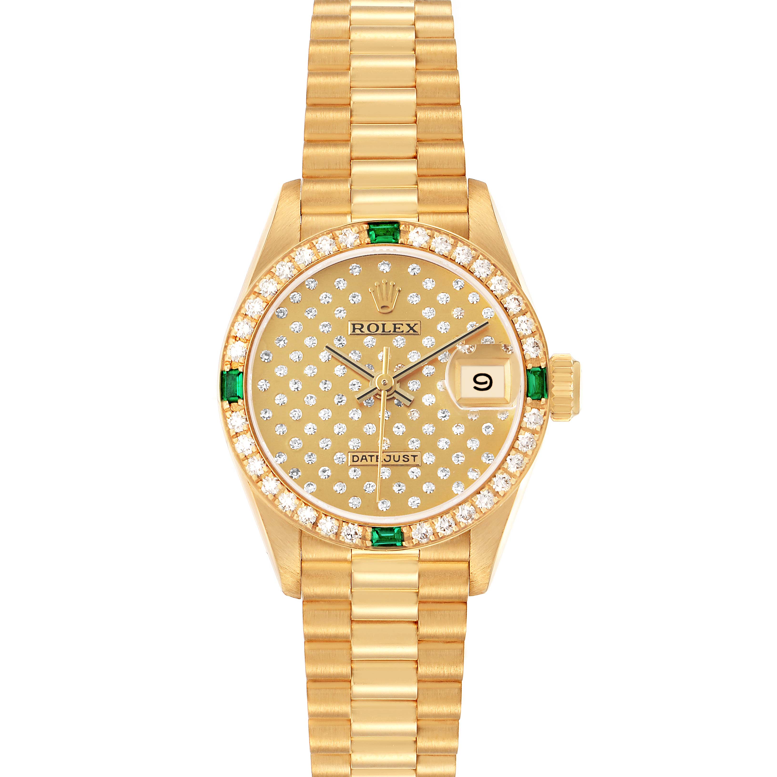 The Rolex President 69078 Women's Yellow Gold Champagne Dial model is shown from the front, featuring a diamond-studded dial, bezel, and gold bracelet.