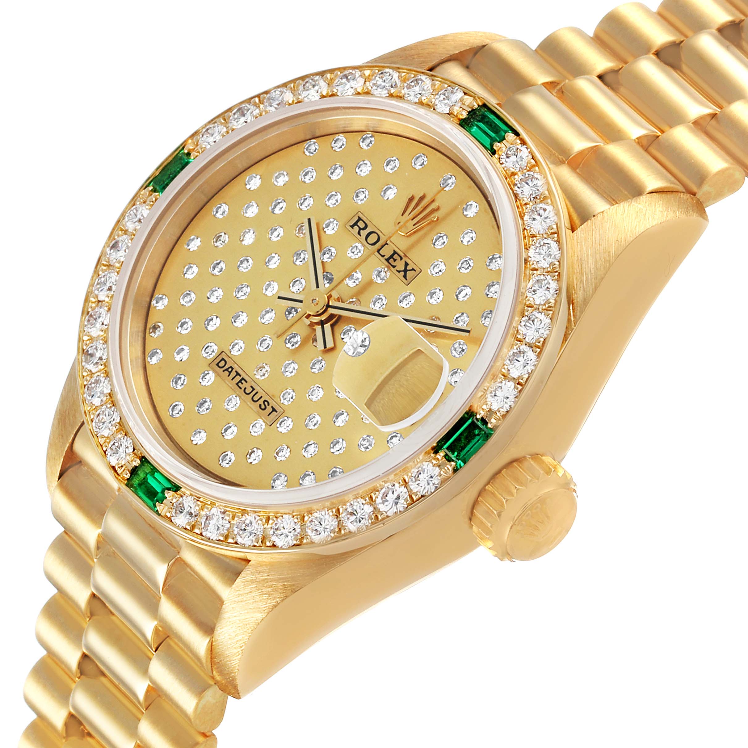 The Rolex President 69078 Women's Yellow Gold Champagne Dial model watch is shown at a slight angle, highlighting the diamond-studded bezel, dial, and bracelet.