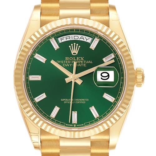 The Rolex President watch is shown from a front angle, displaying its green dial, fluted bezel, and gold bracelet.