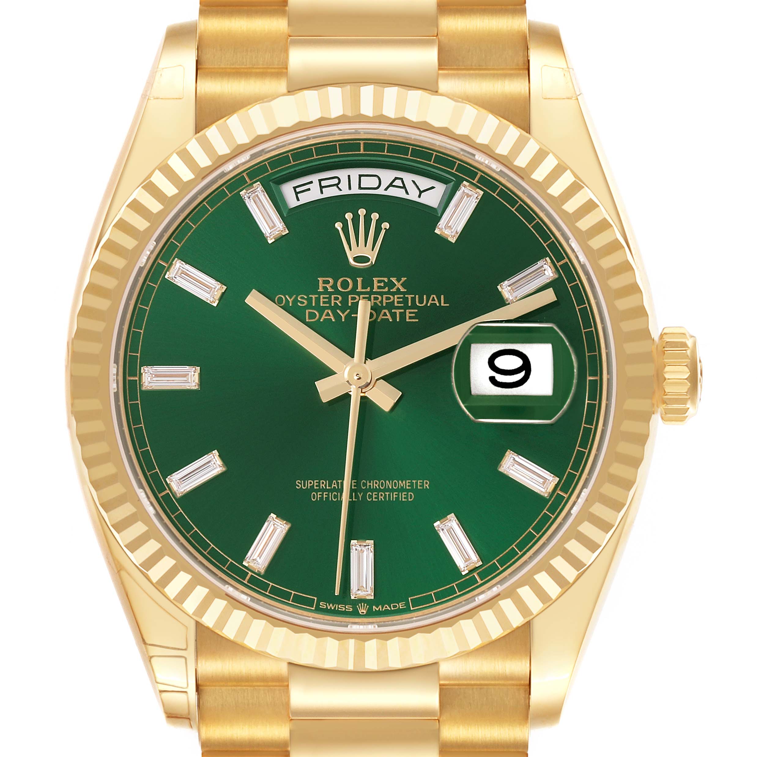 The Rolex President 128238 Men's Yellow Gold Green Dial 128238 Men's Yellow Gold Green Dial watch is shown from the front, displaying its green dial, day-date feature, and gold bracelet.