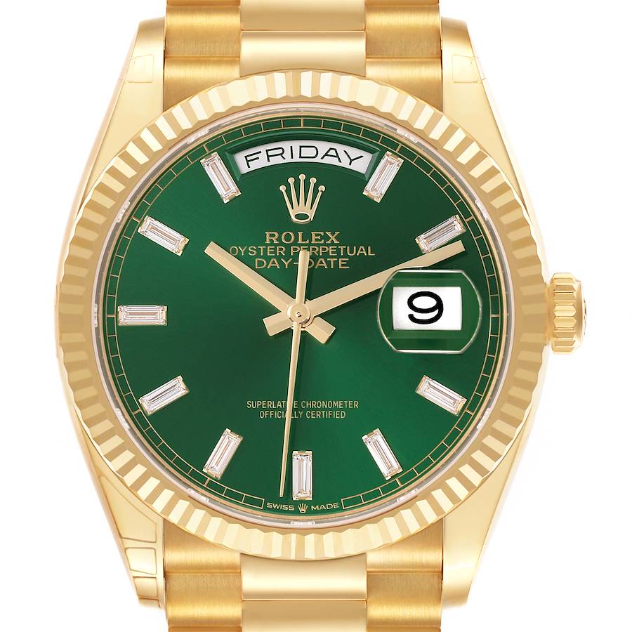 The Rolex President watch is shown from the front, displaying its green dial, day-date feature, and gold bracelet.