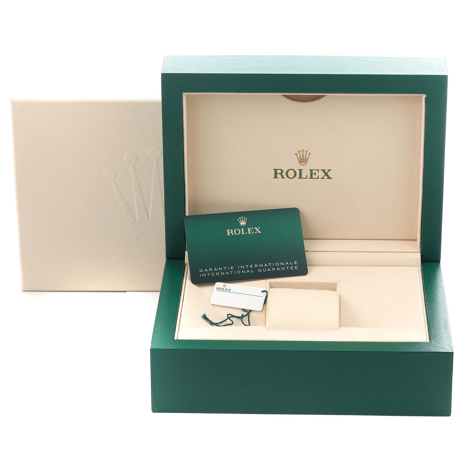 The image shows an open Rolex President 128238 Men's Yellow Gold Green Dial 128238 Men's Yellow Gold Green Dial model box with a green guarantee card and tag inside.