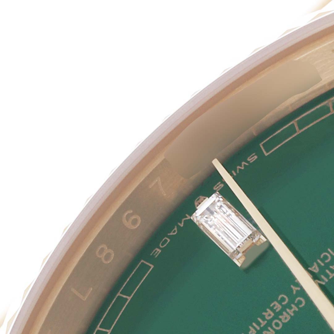 The image shows a close-up of the Rolex President 128238 Men's Yellow Gold Green Dial 128238 Men's Yellow Gold Green Dial watch, highlighting a diamond hour marker and a portion of the green dial.
