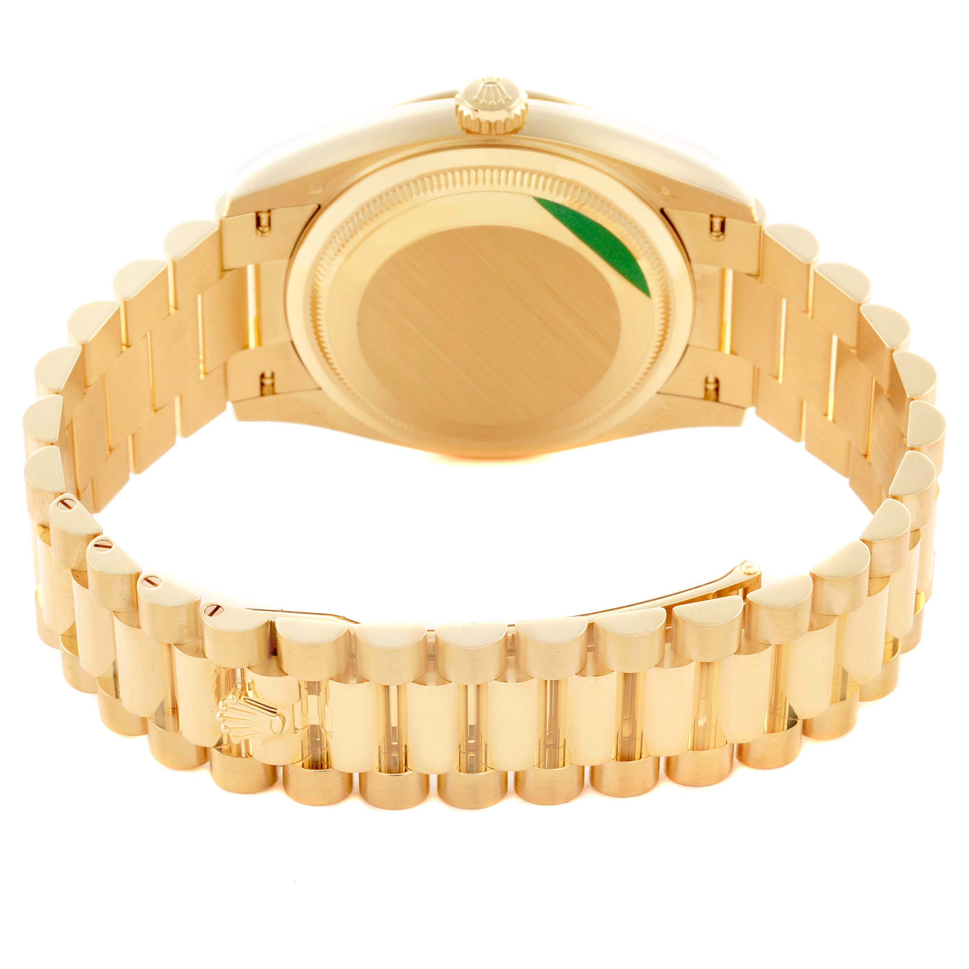 The image shows the back and bracelet of a Rolex President 128238 Men's Yellow Gold Green Dial 128238 Men's Yellow Gold Green Dial model, highlighting the gold links and clasp.