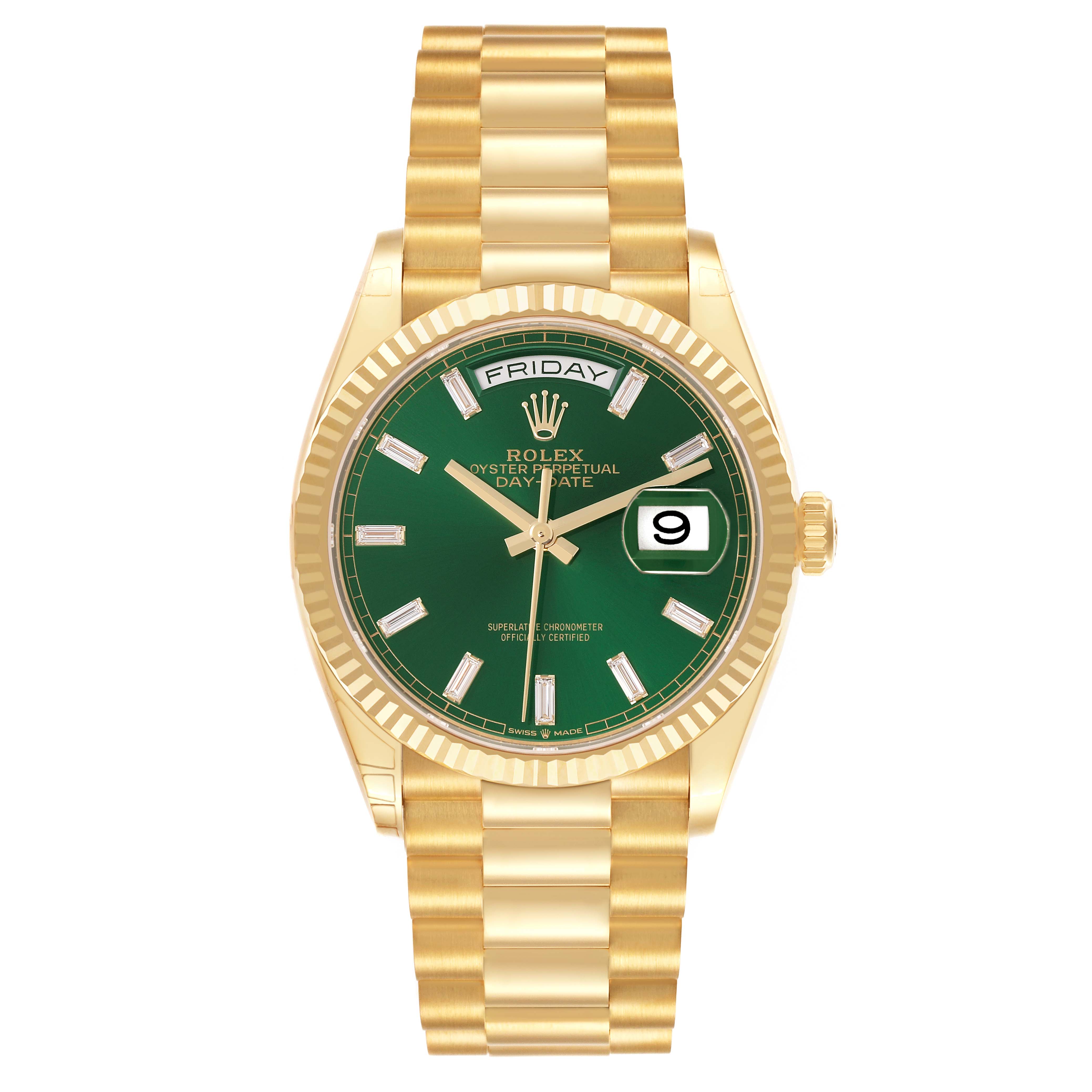 The Rolex President 128238 Men's Yellow Gold Green Dial 128238 Men's Yellow Gold Green Dial model watch is shown from a front angle, displaying the face, bezel, and bracelet.