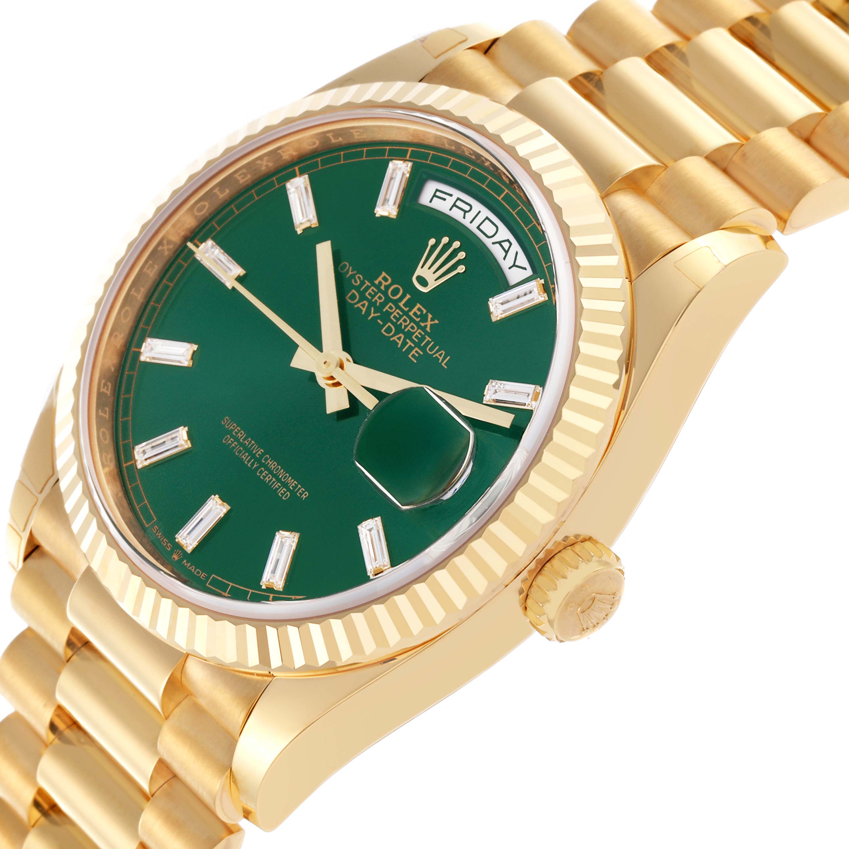 The Rolex President 128238 Men's Yellow Gold Green Dial 128238 Men's Yellow Gold Green Dial model is shown at an angle displaying the green dial, fluted bezel, and part of the gold bracelet.