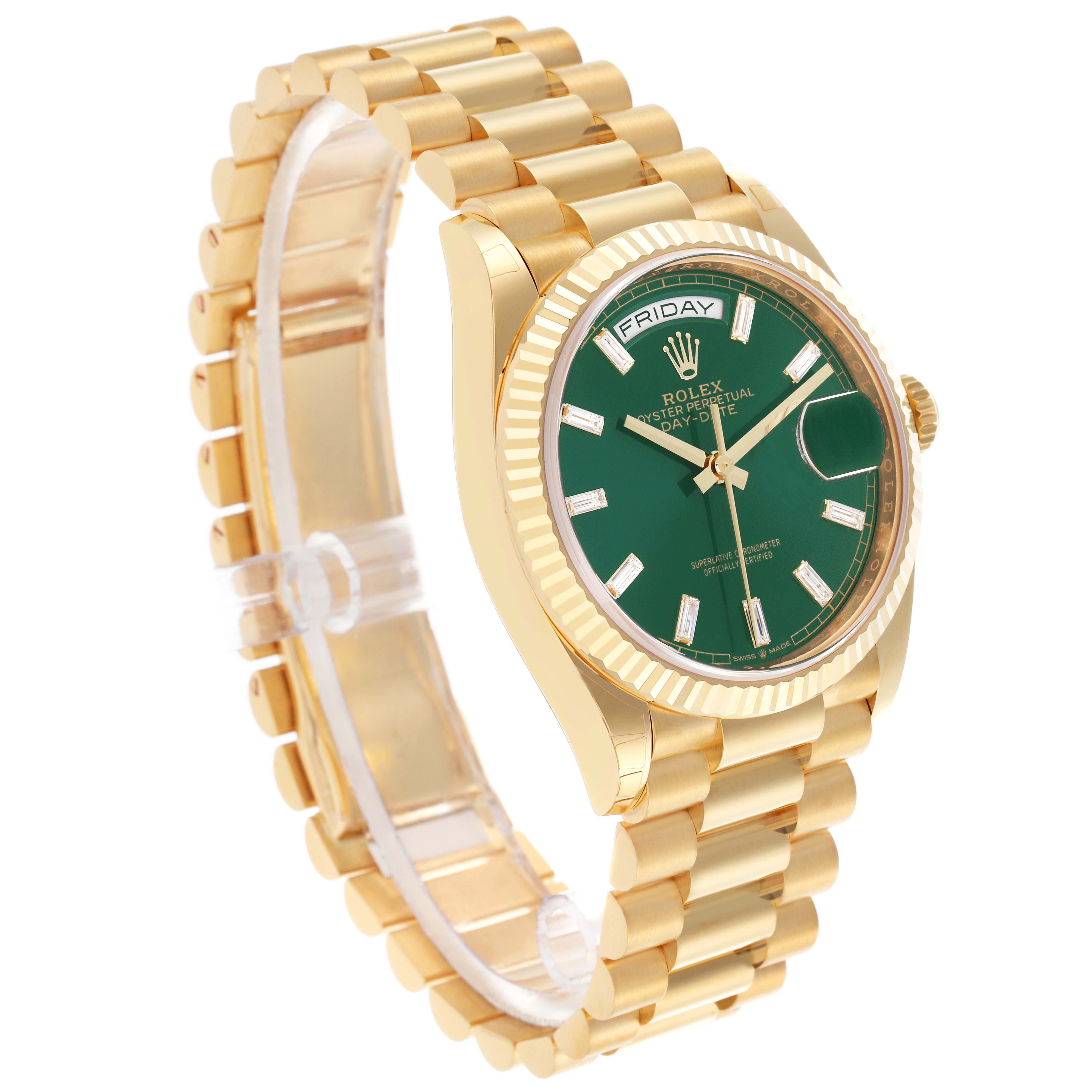 The Rolex President 128238 Men's Yellow Gold Green Dial 128238 Men's Yellow Gold Green Dial watch is shown at an angle highlighting the green dial, gold bracelet, fluted bezel, and day-date display.