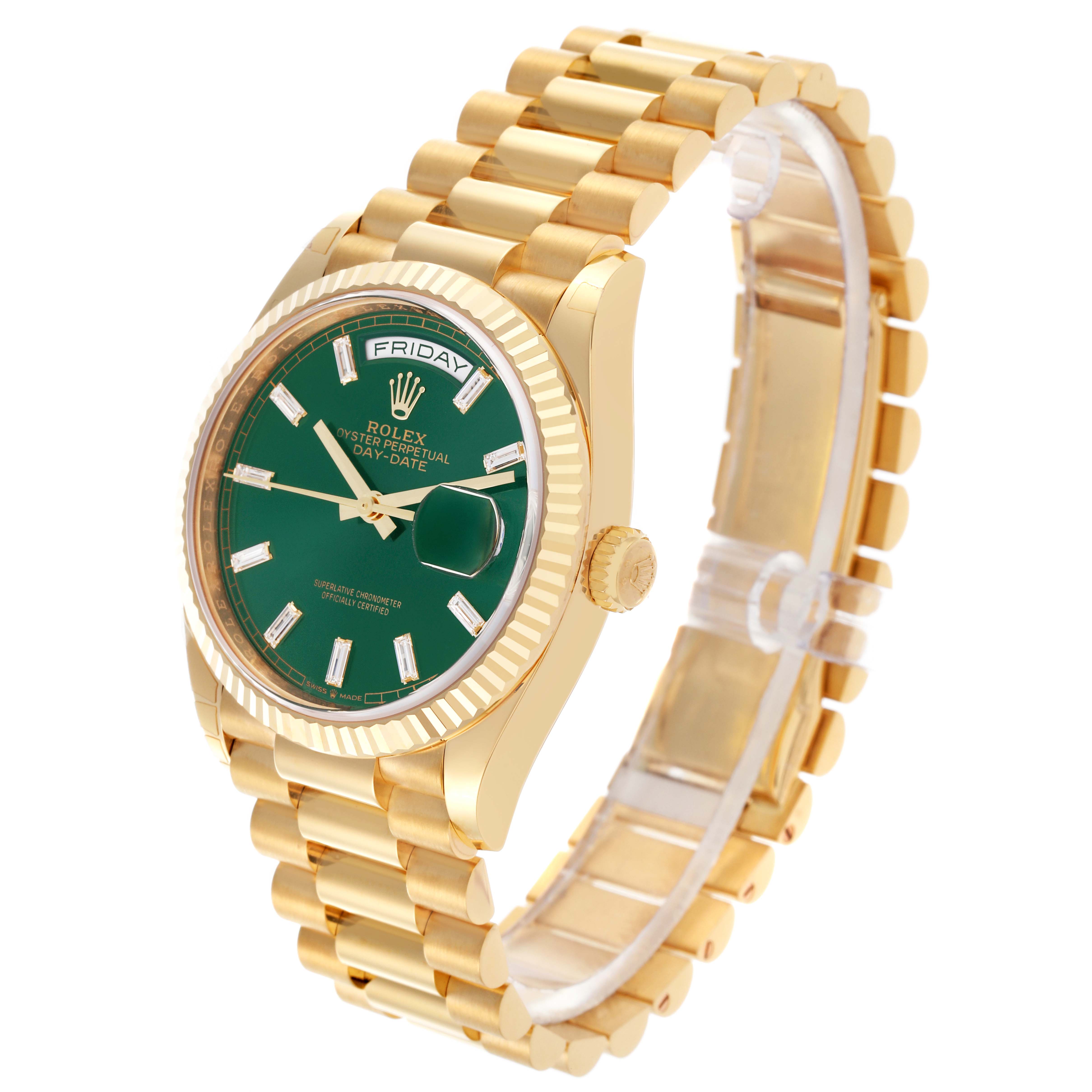 The Rolex President 128238 Men's Yellow Gold Green Dial 128238 Men's Yellow Gold Green Dial watch is shown at a slight angle, highlighting the green dial, fluted bezel, and gold bracelet.