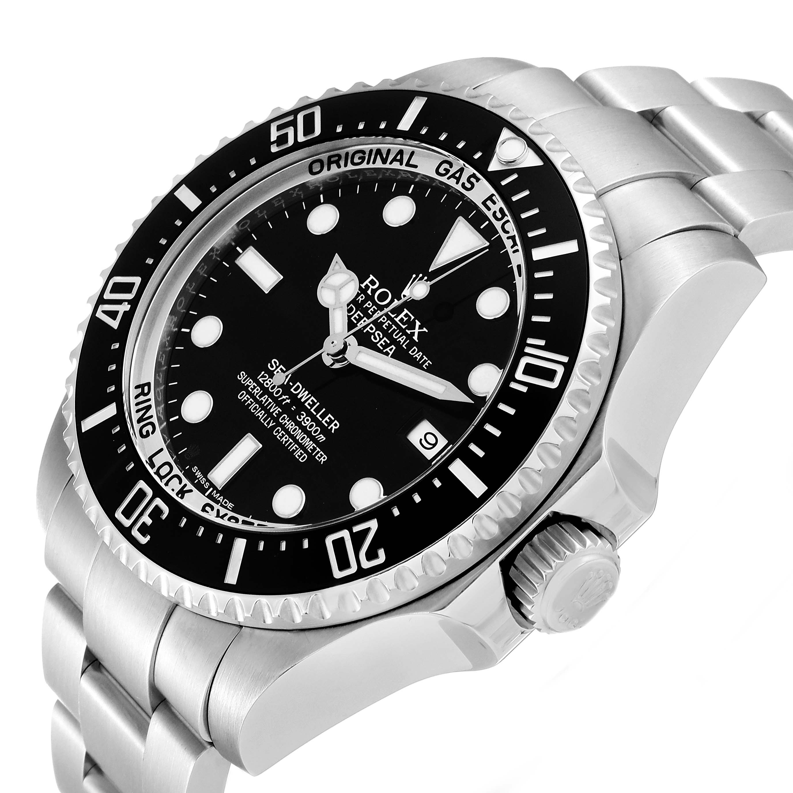 The image shows a Rolex Sea-Dweller 116660 Men
s Stainless Steel Black Dial 116660 Men
s Stainless Steel Black Dial watch at an angled side view, highlighting the bezel, face, date window, and part of the bracelet.