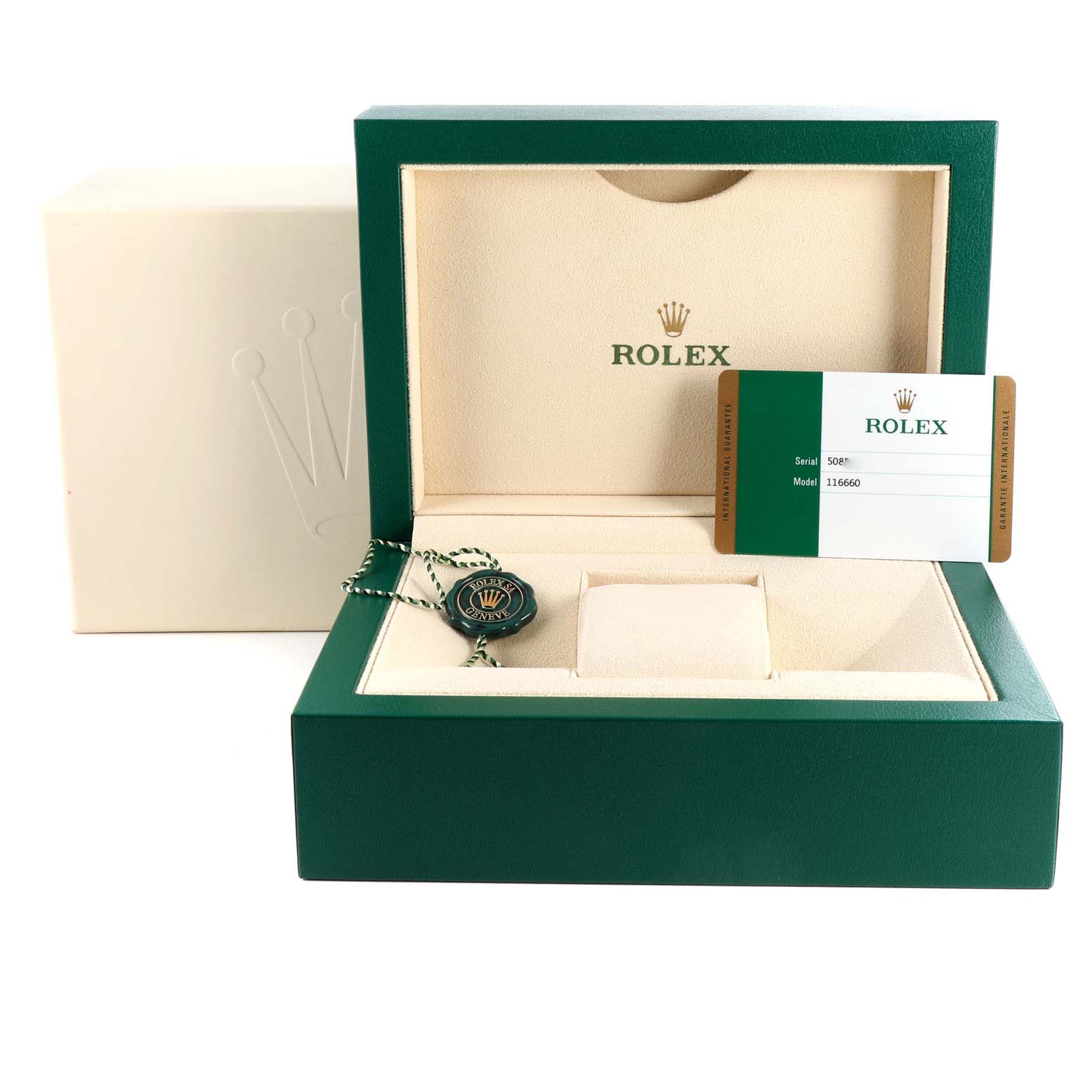 This image shows an open Rolex Sea-Dweller 116660 Men
s Stainless Steel Black Dial 116660 Men
s Stainless Steel Black Dial watch box, certification card, and green Rolex tag.
