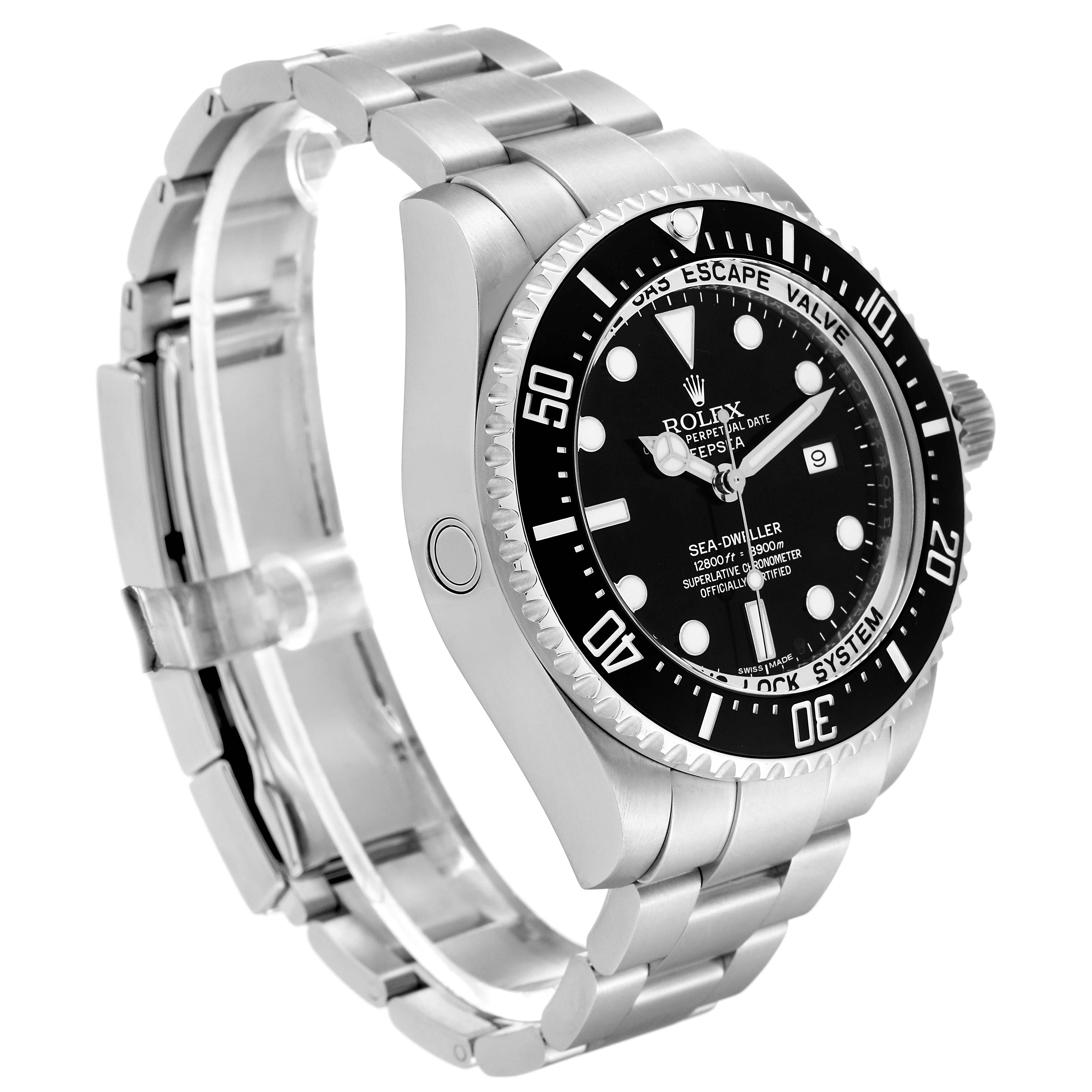 The image shows a side angle, displaying the face, bracelet, and bezel of the Rolex Sea-Dweller 116660 Men
s Stainless Steel Black Dial 116660 Men
s Stainless Steel Black Dial watch.