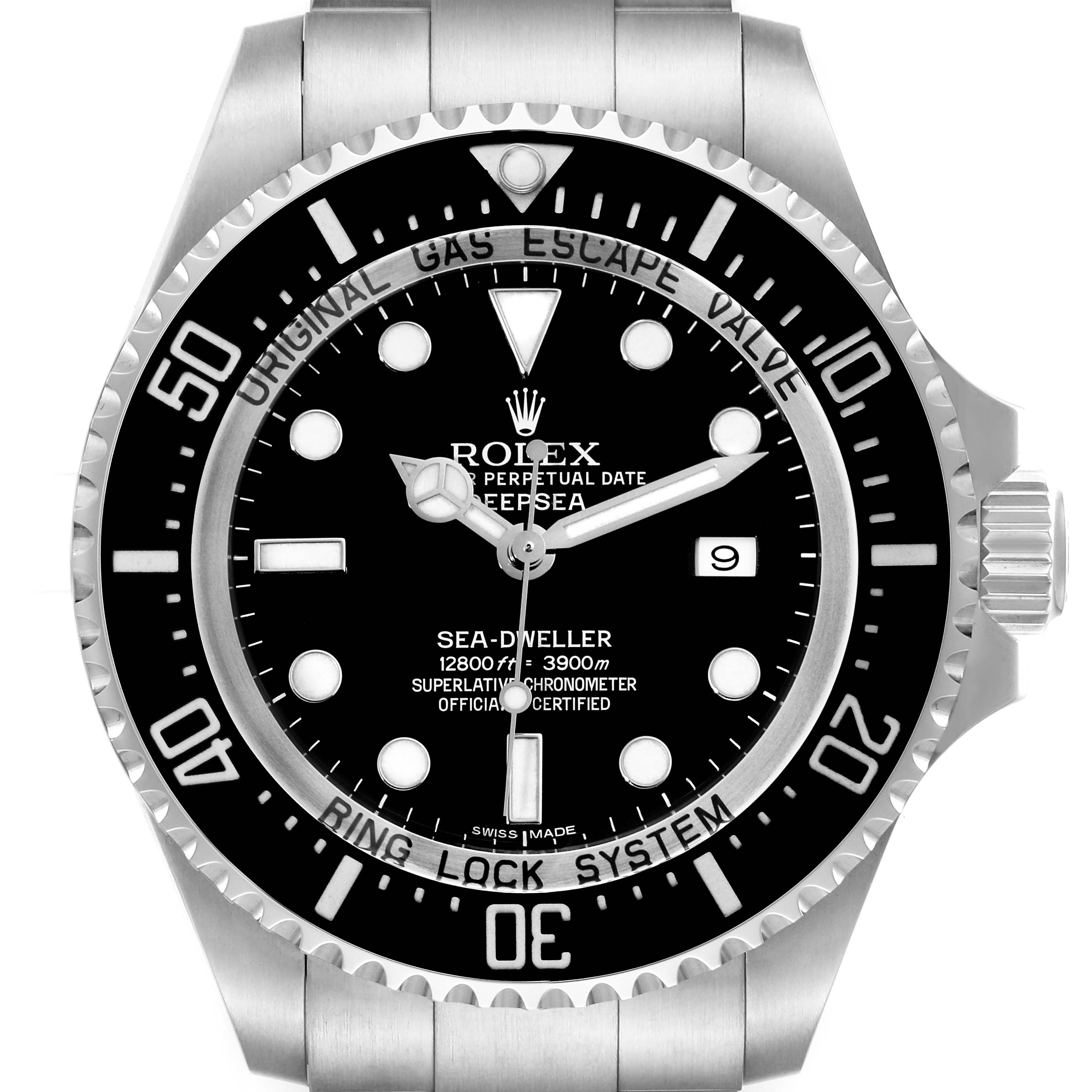 The image shows a frontal view of the Rolex Sea-Dweller 116660 Men
s Stainless Steel Black Dial 116660 Men
s Stainless Steel Black Dial watch, highlighting its black dial, bezel, and date window.