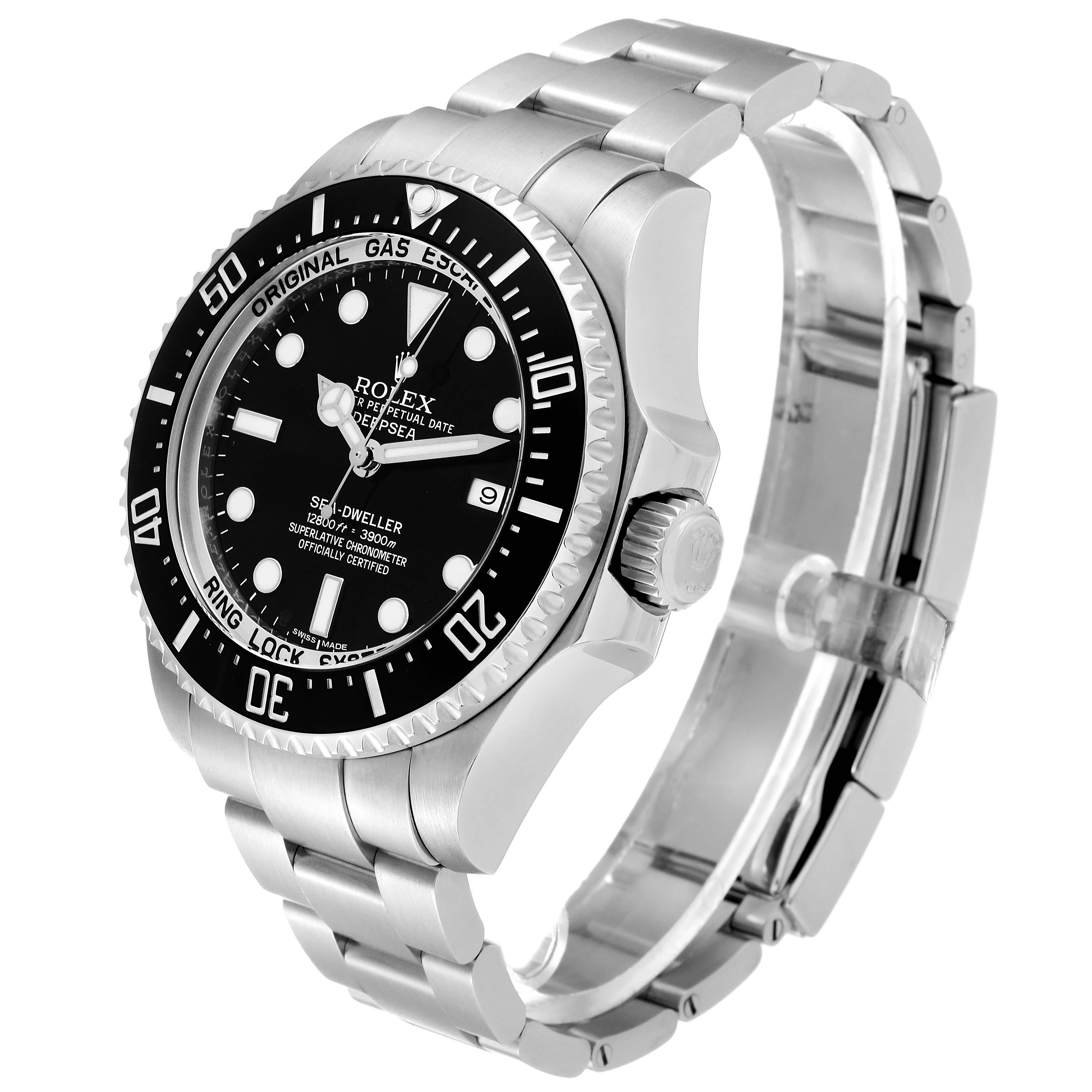 The Rolex Sea-Dweller 116660 Men
s Stainless Steel Black Dial 116660 Men
s Stainless Steel Black Dial watch is shown at a three-quarter angle, displaying the face, bezel, crown, and bracelet.