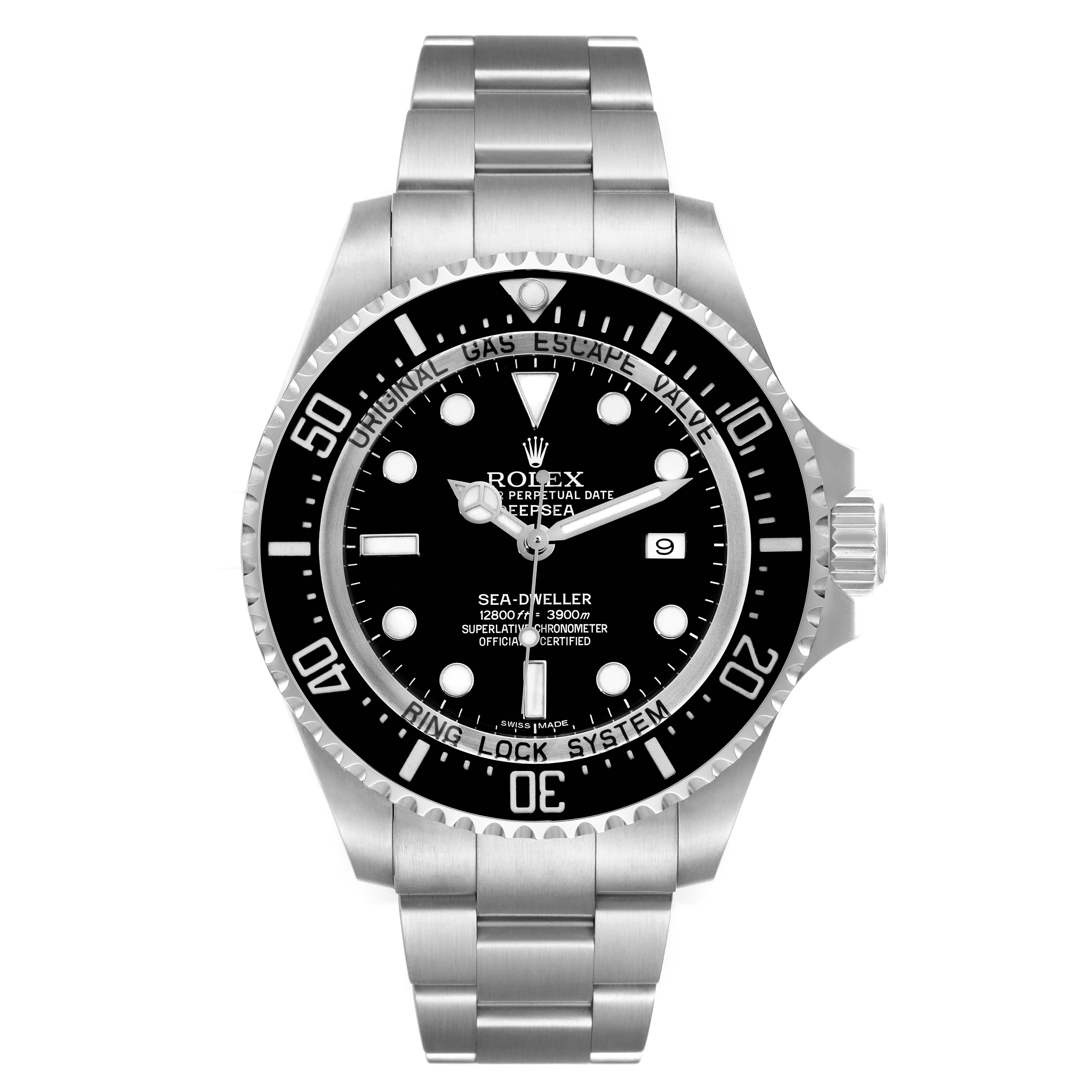 This is a frontal view of the Rolex Sea-Dweller 116660 Men
s Stainless Steel Black Dial 116660 Men
s Stainless Steel Black Dial watch showing the dial, bezel, crown, and bracelet.