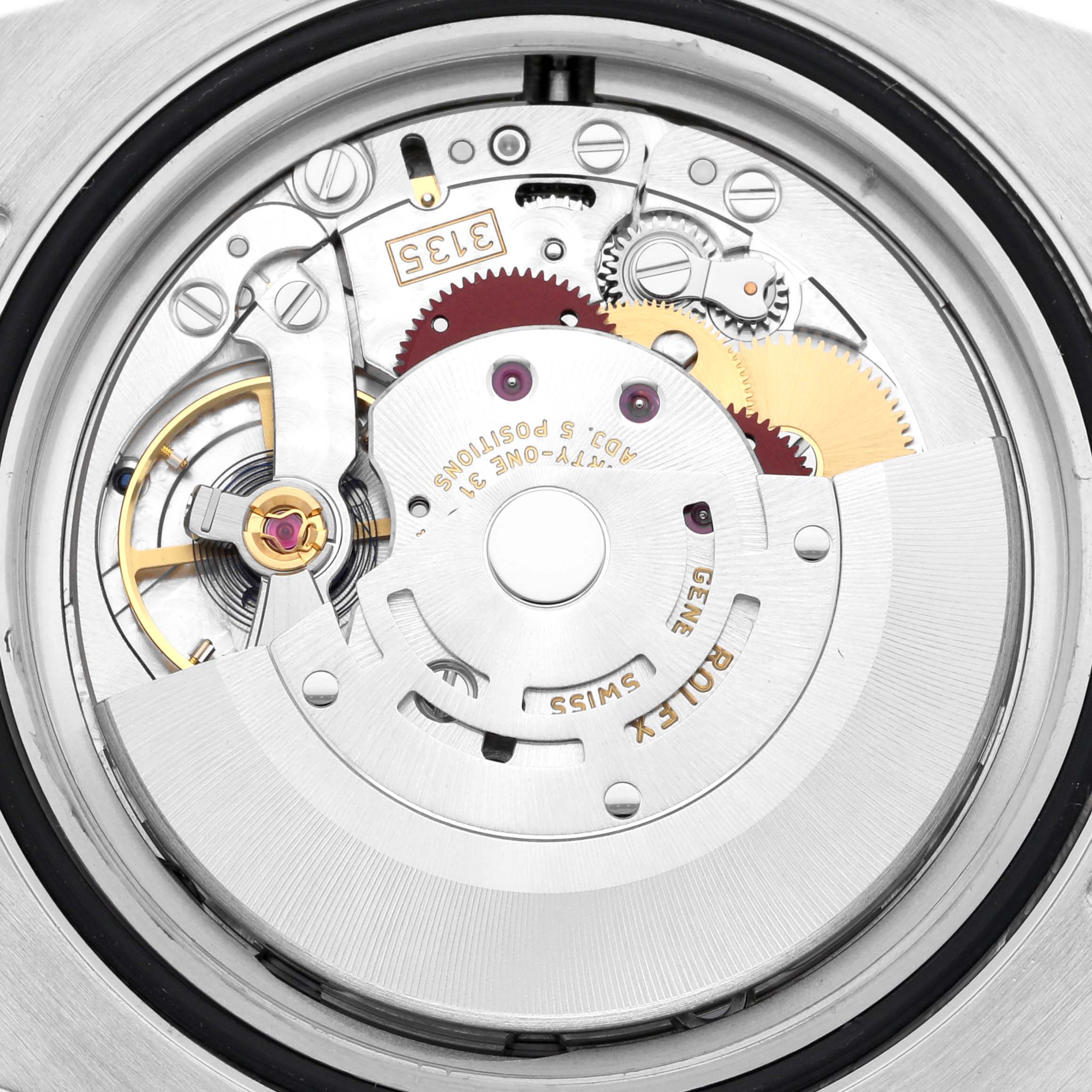 The image shows the inner mechanism of the Rolex Submariner 116610LN Men's Stainless Steel Black Dial 116610LN Men's Stainless Steel Black Dial, focusing on its movement components from a close-up angle.