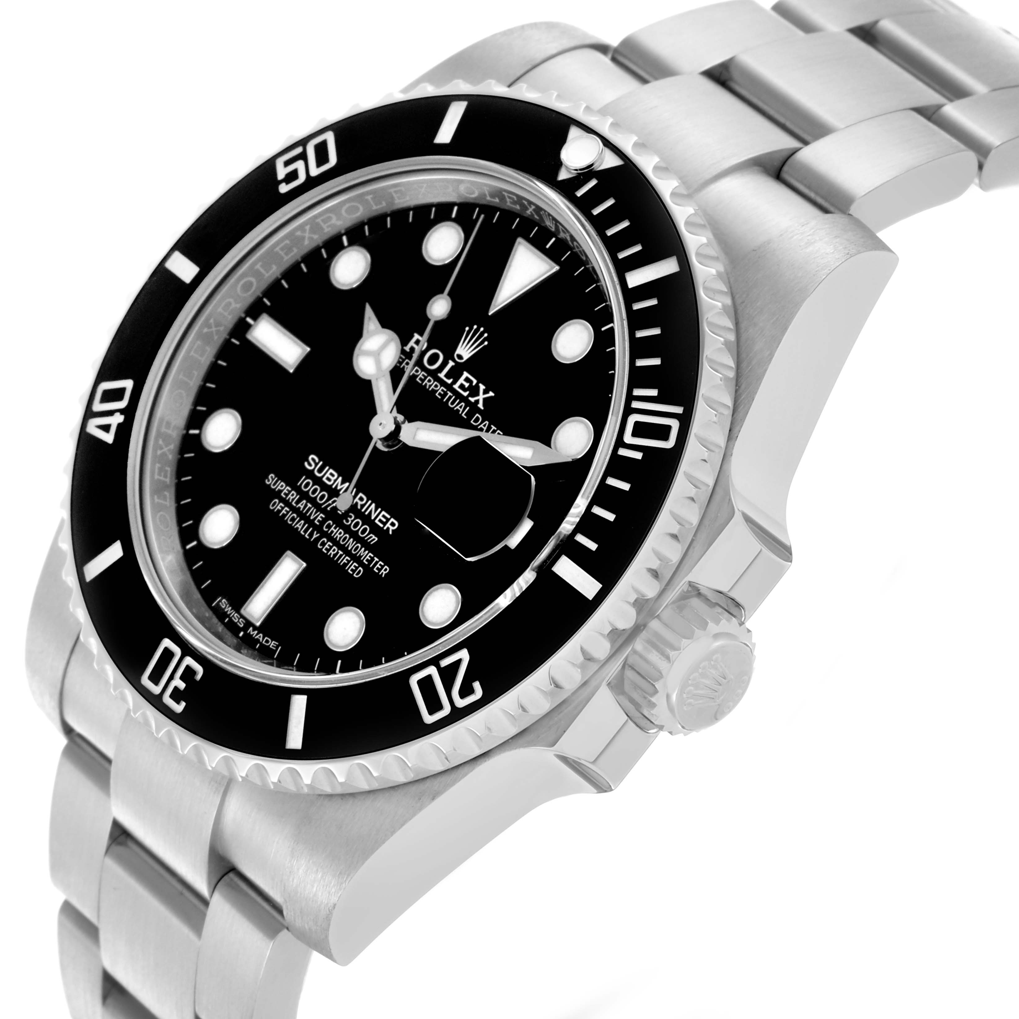 The image shows a side angle of the Rolex Submariner 116610LN Men's Stainless Steel Black Dial 116610LN Men's Stainless Steel Black Dial, highlighting the bezel, dial, crown, and bracelet.