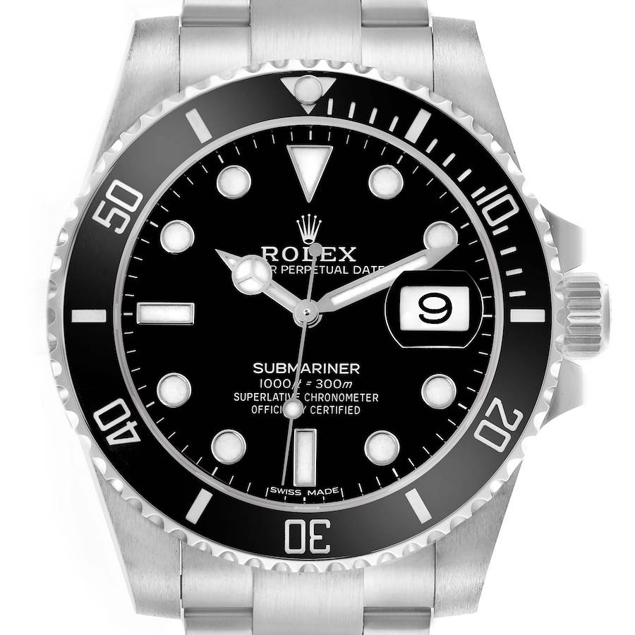 The Rolex Submariner watch is shown from a front angle, displaying its dial, bezel, and crown.